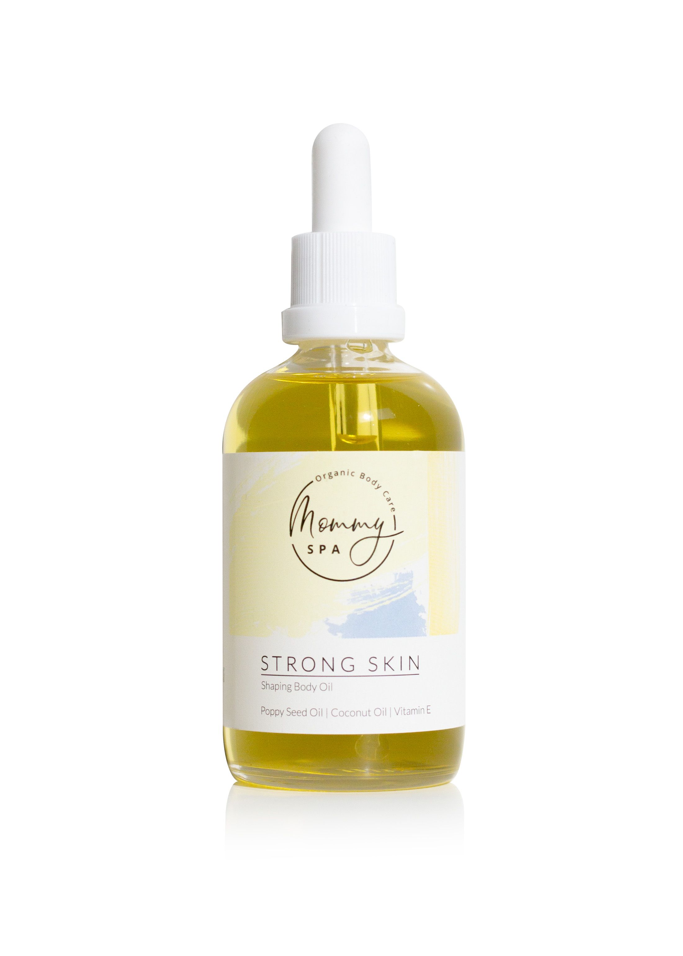 Körperöl-Flasche mit Pipette. Etikett mit "Mommy SPA" und "Strong Skin". Enthält Mohnöl, Kokosöl und Vitamin E.