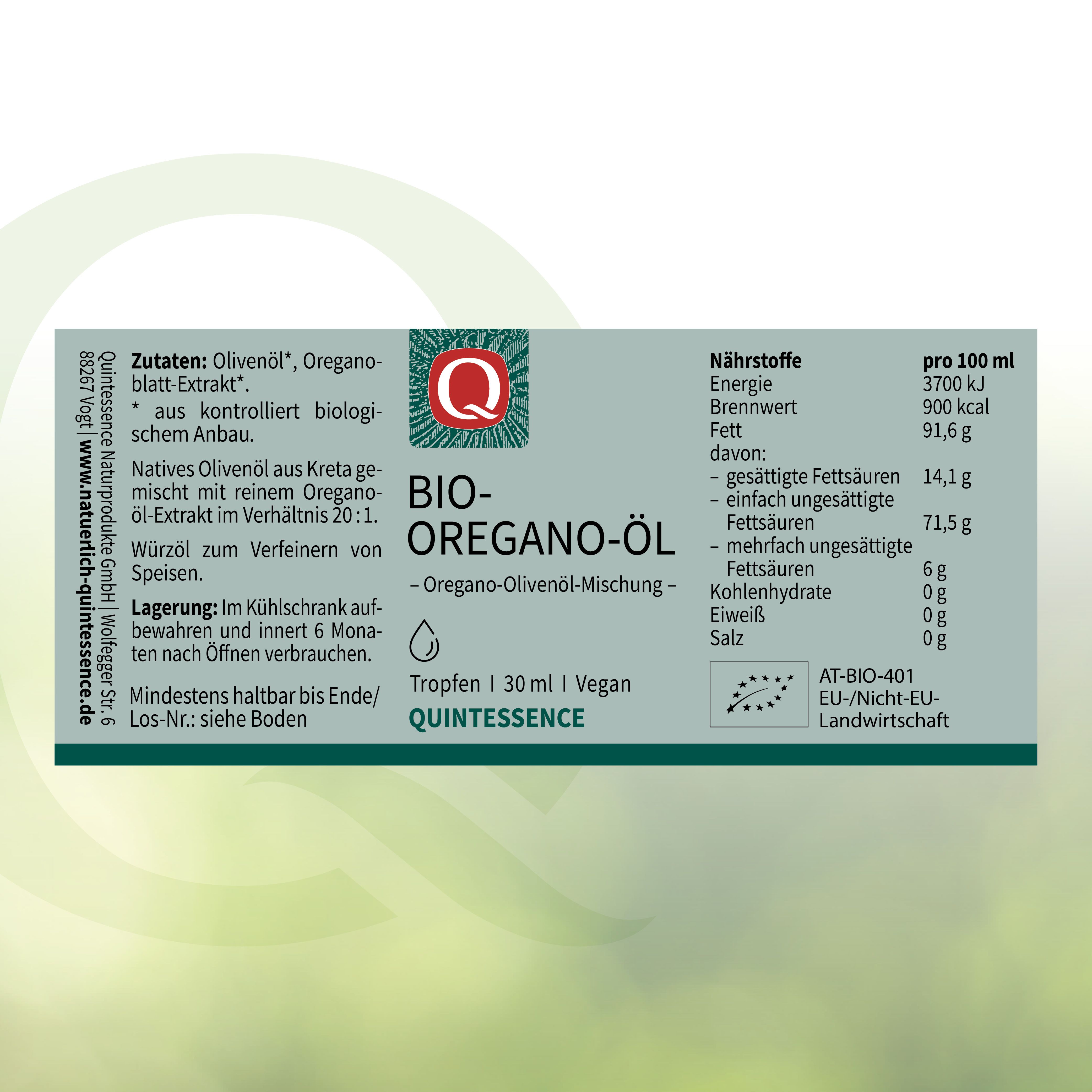 Etikett mit Text: BIO-OREGANO-ÖL, Zutaten, Nährwerte, 30 ml, vegan. Logo: Q. Zertifizierung: AT-BIO-401. Grün-weißes Design.