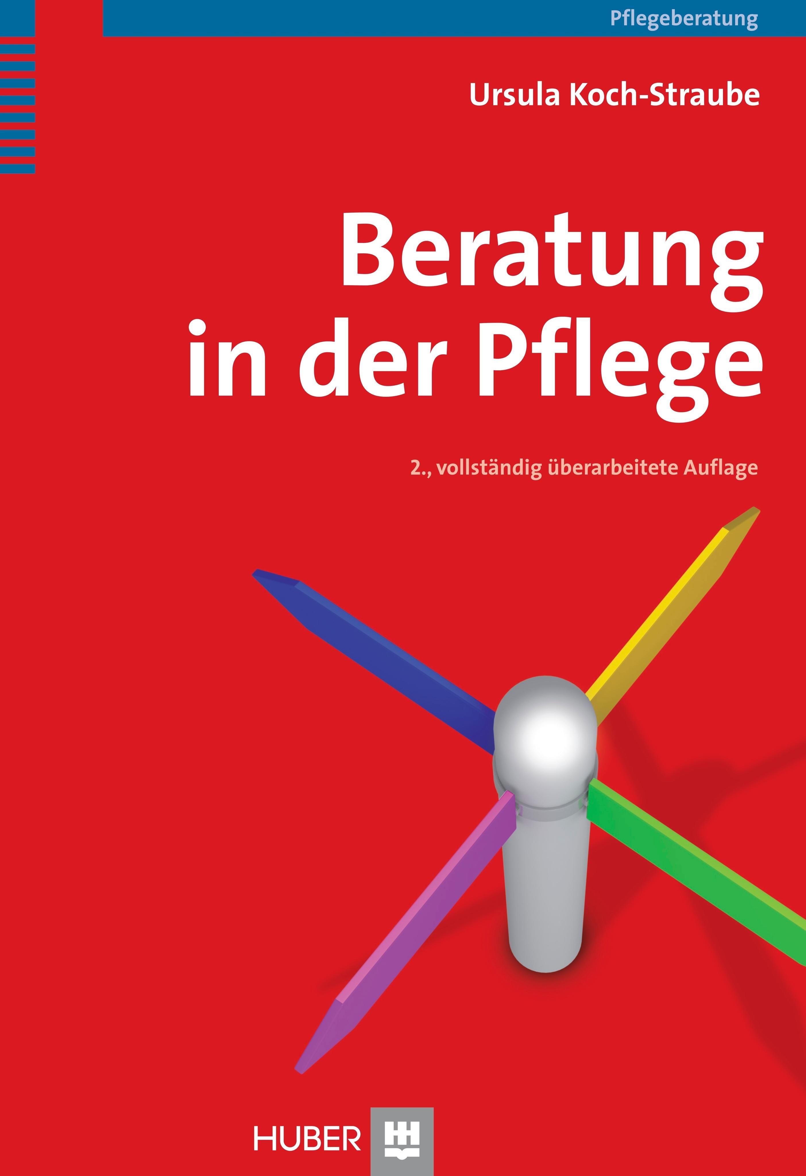 Buchcover mit Titel "Beratung in der Pflege". Autorin: Ursula Koch-Straube. Auf rotem Hintergrund, Illustration mit farbigen Pfeilen.