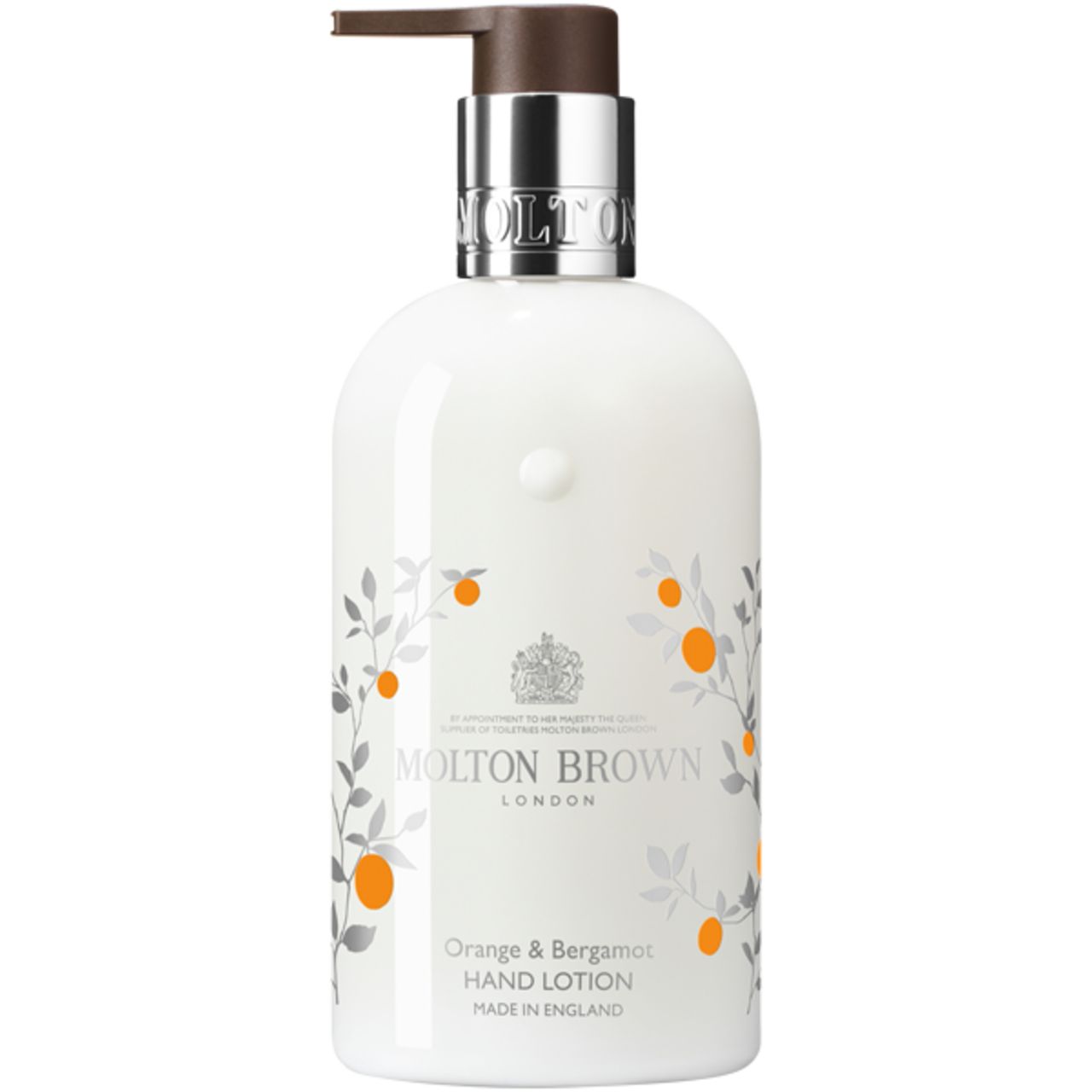 Weiße Handlotion-Flasche mit Pumpkopf. Aufschrift: Molton Brown London, Orange & Bergamot Hand Lotion. Verziert mit Orangen-Motiven.