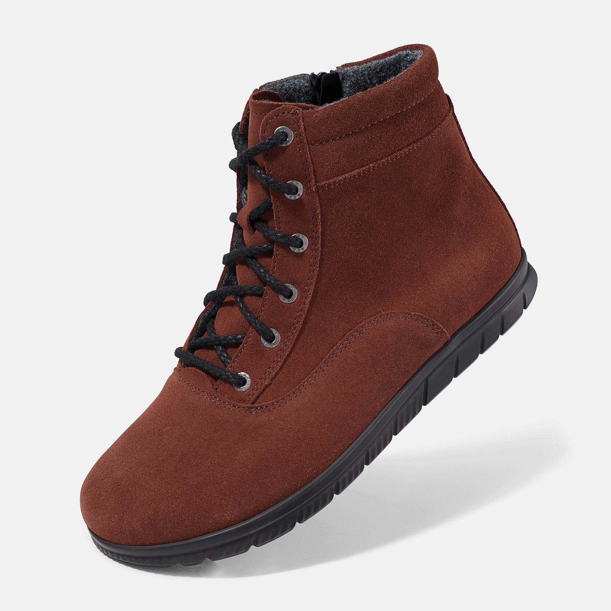 Braune Damen-Stiefeletten aus Wildleder, Schnürung und Reißverschluss sichtbar.