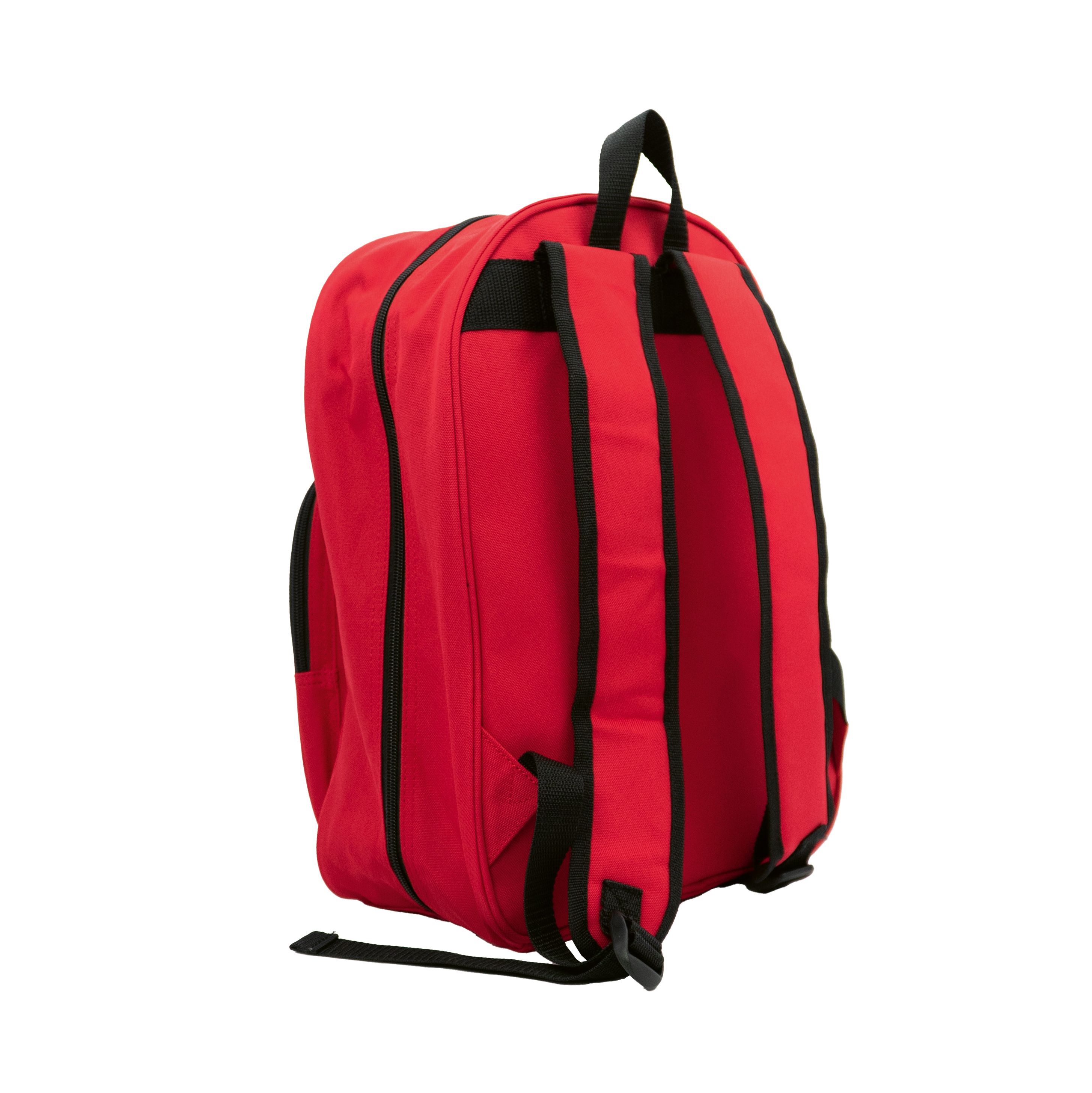 Roter Erste-Hilfe-Rucksack von hinten. Schwarze Träger und Reißverschlüsse. Leere Tasche.