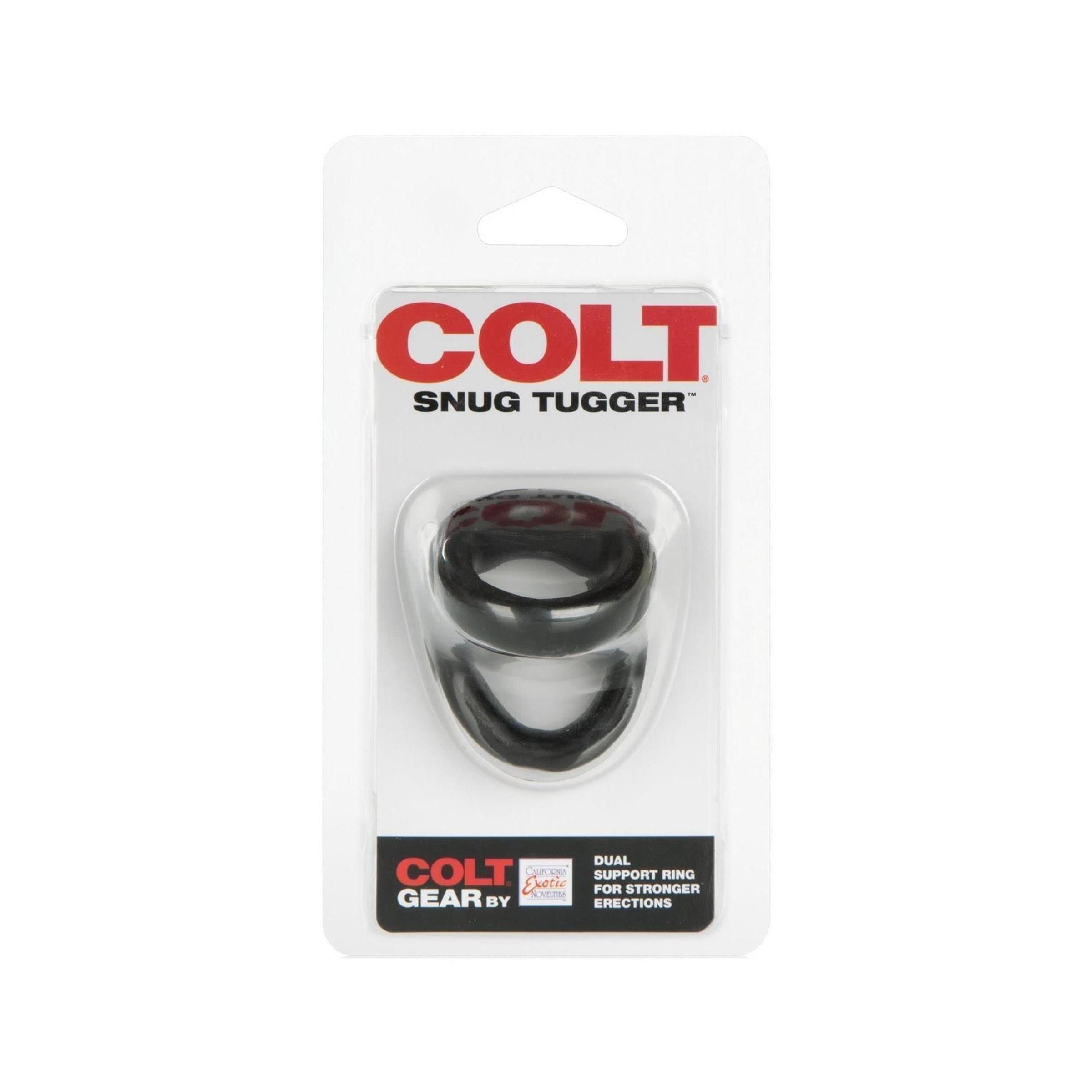 Verpackung mit zwei schwarzen Ringen. Aufschrift: COLT SNUG TUGGER. COLT GEAR by. Dual Support Ring.