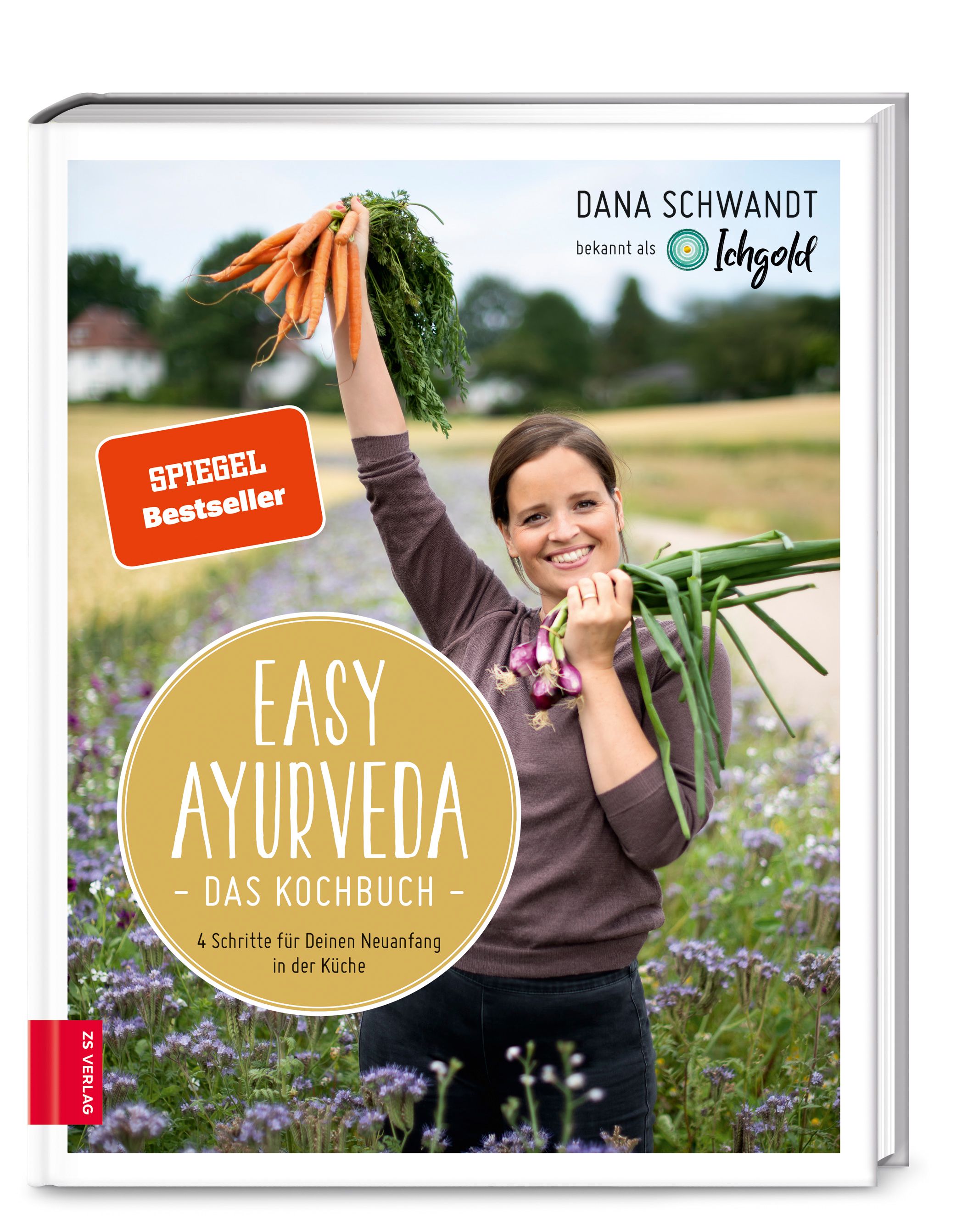 Buchcover: "Easy Ayurveda - Das Kochbuch". Frau hält Gemüse. "Spiegel Bestseller". Autorin: Dana Schwandt.