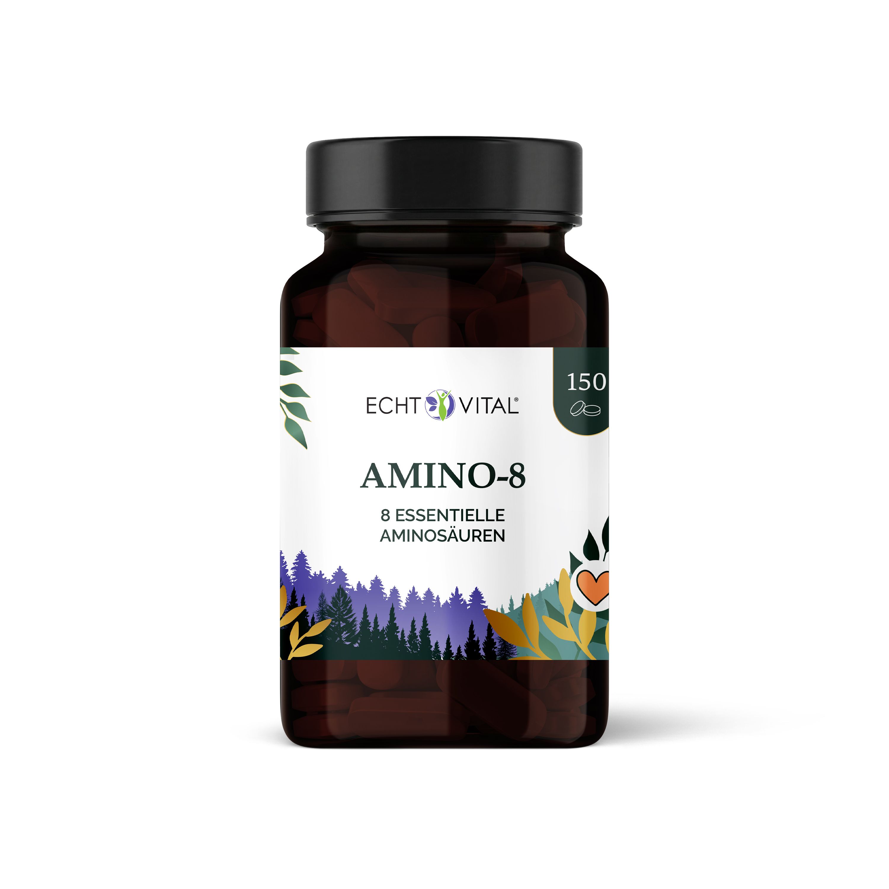 Braune Flasche mit schwarzem Deckel. Aufschrift: Echt Vital Amino-8, 8 essentielle Aminosäuren. 150 Kapseln. Etikett mit Landschaft.