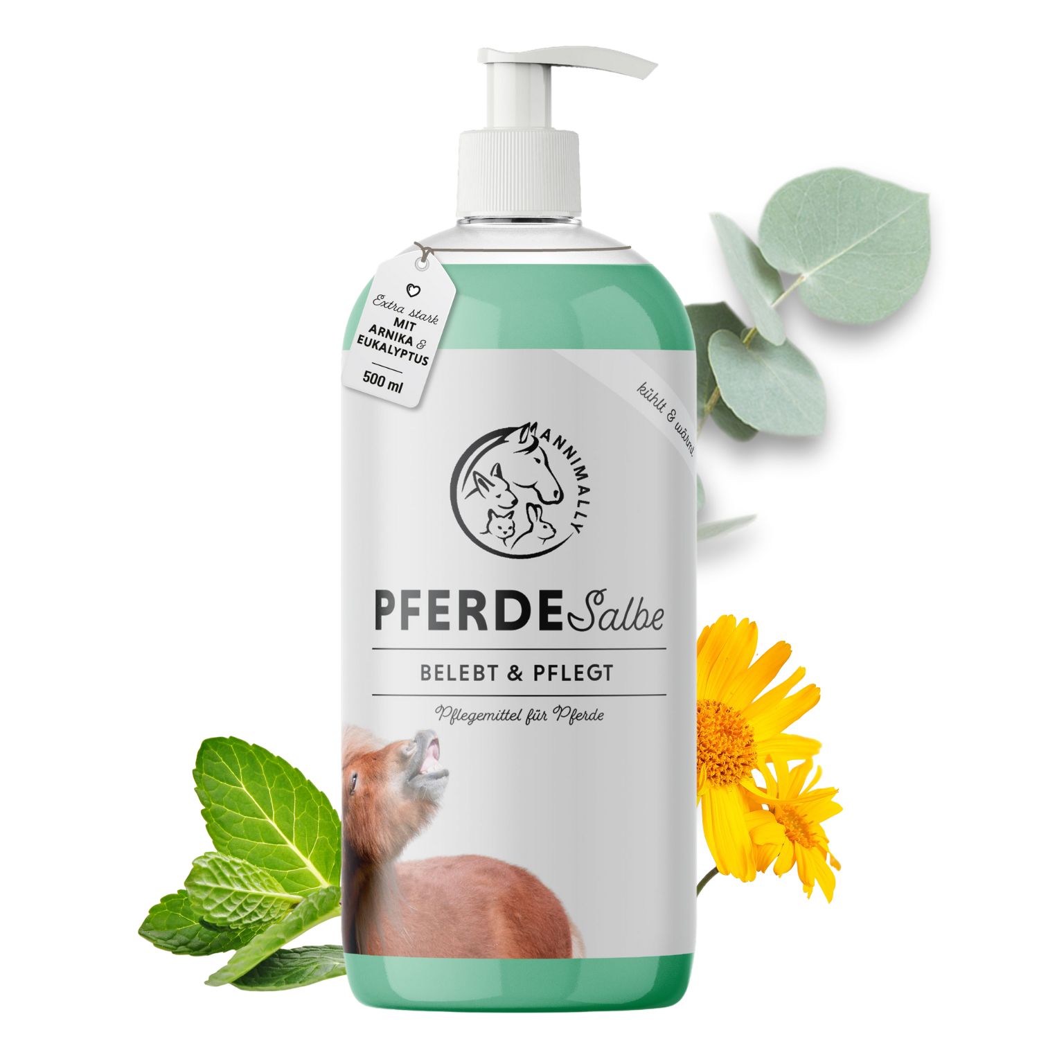 Transparente Flasche mit Pumpe. Etikett mit Produktname, Logo und Inhaltsstoffen. Grün-weißes Design. Sonnenblume und Minze.
