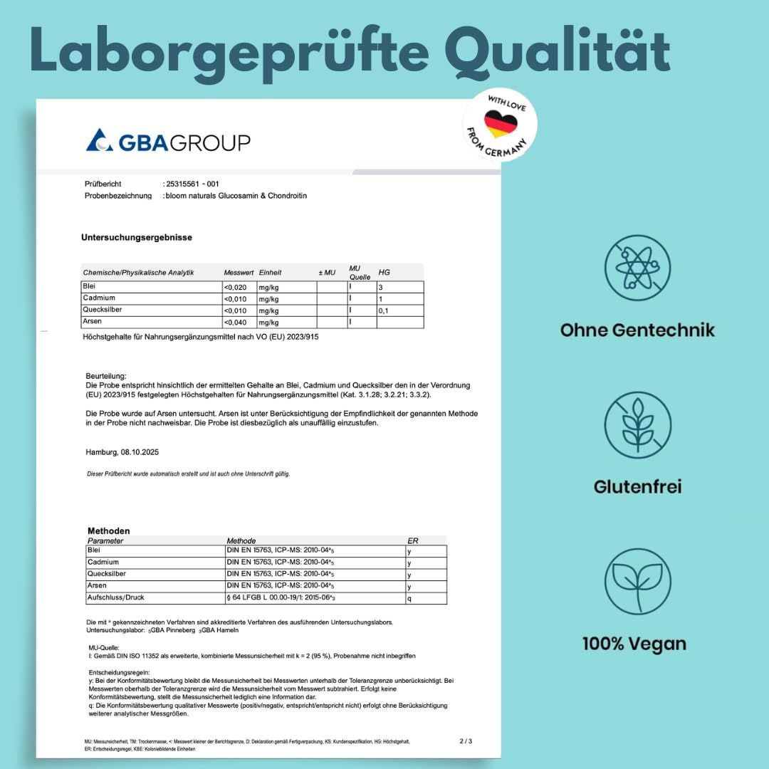 Laborbericht für Bloom Naturals Glucosamin & Chondroitin. "Laborgeprüfte Qualität". Ohne Gentechnik, Glutenfrei, 100% Vegan.