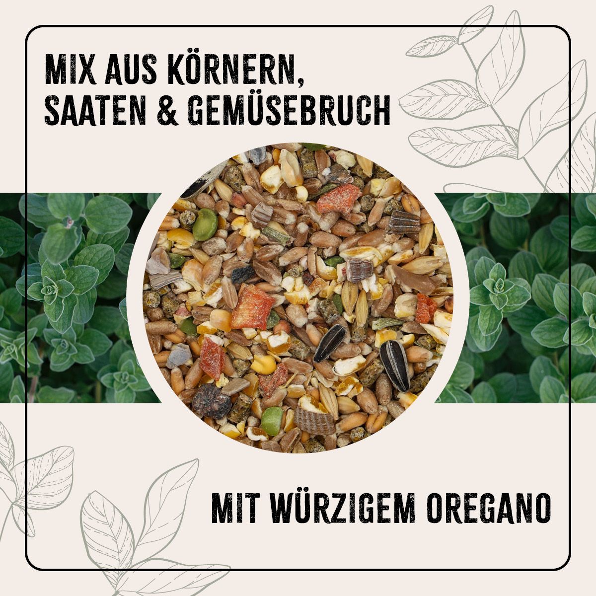 Nahaufnahme von Körnern, Saaten & Gemüsebruch. Mit würzigem Oregano. Umgeben von grünen Blättern.