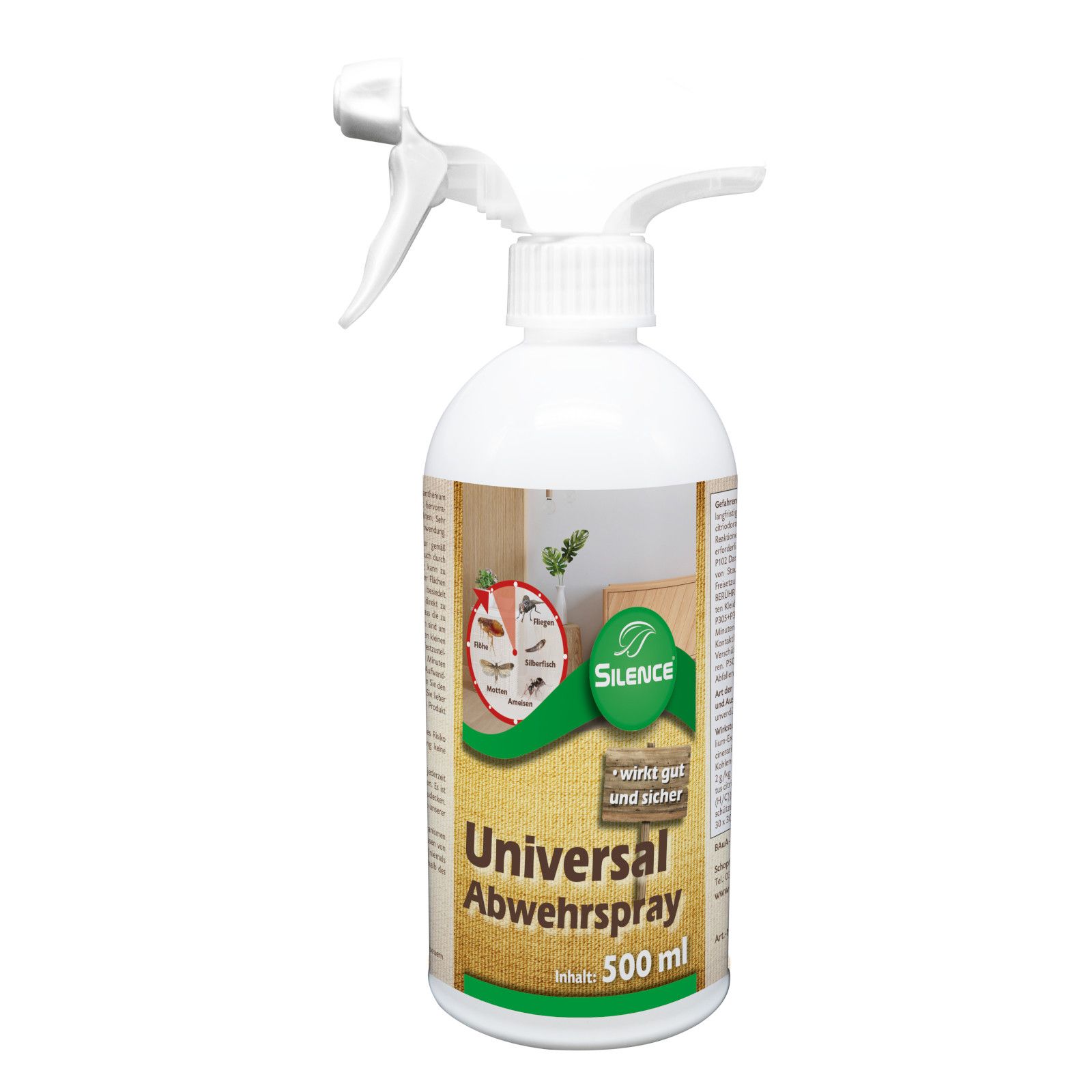 Weiße Sprühflasche mit grünem Etikett. Aufschrift: Universal Abwehrspray. Marke: Silence. Mit Sprühkopf.