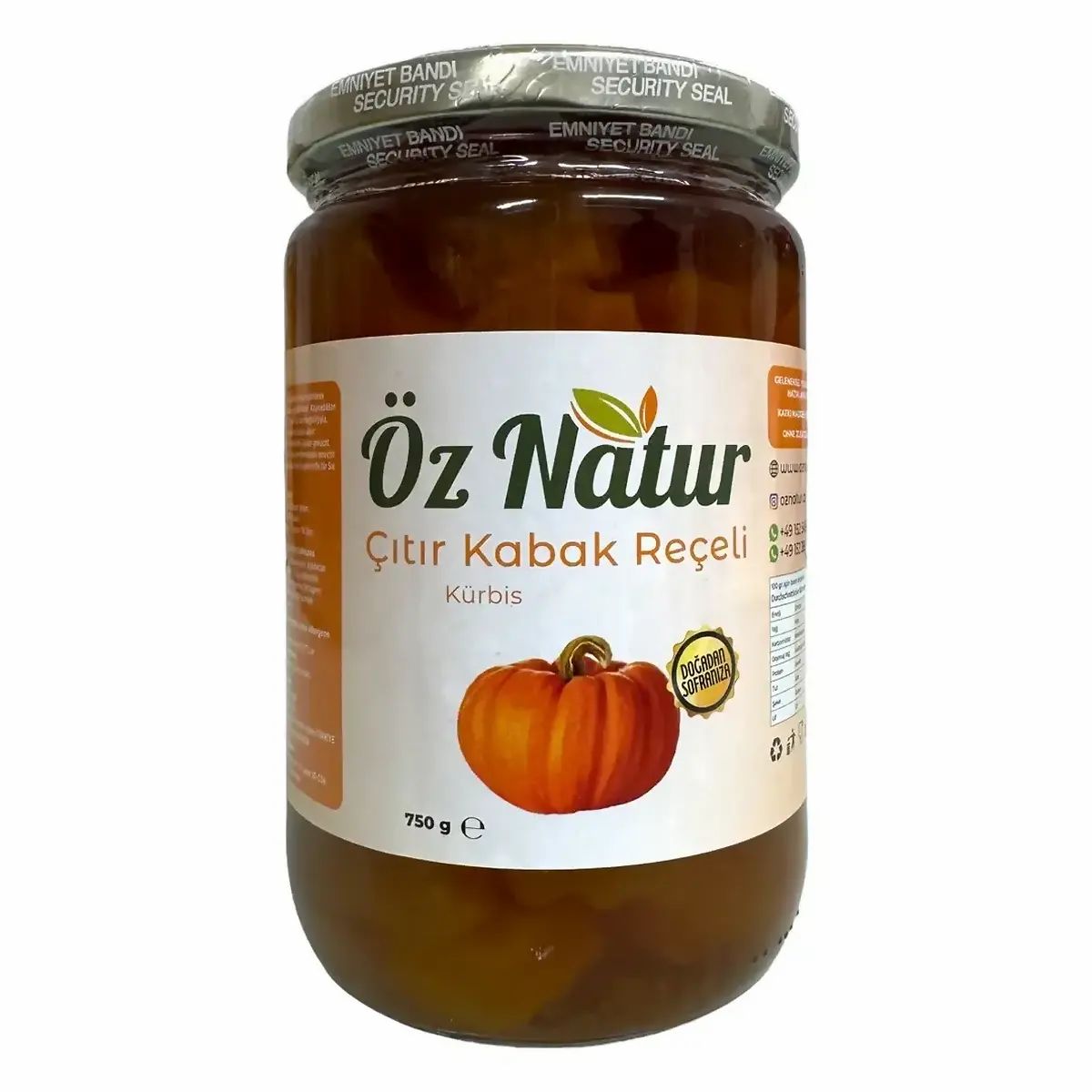 Glas mit Kürbis-Konfitüre. Aufschrift: Öz Natur, Kürbis. Abbildung einer Kürbis-Illustration. 750 g.