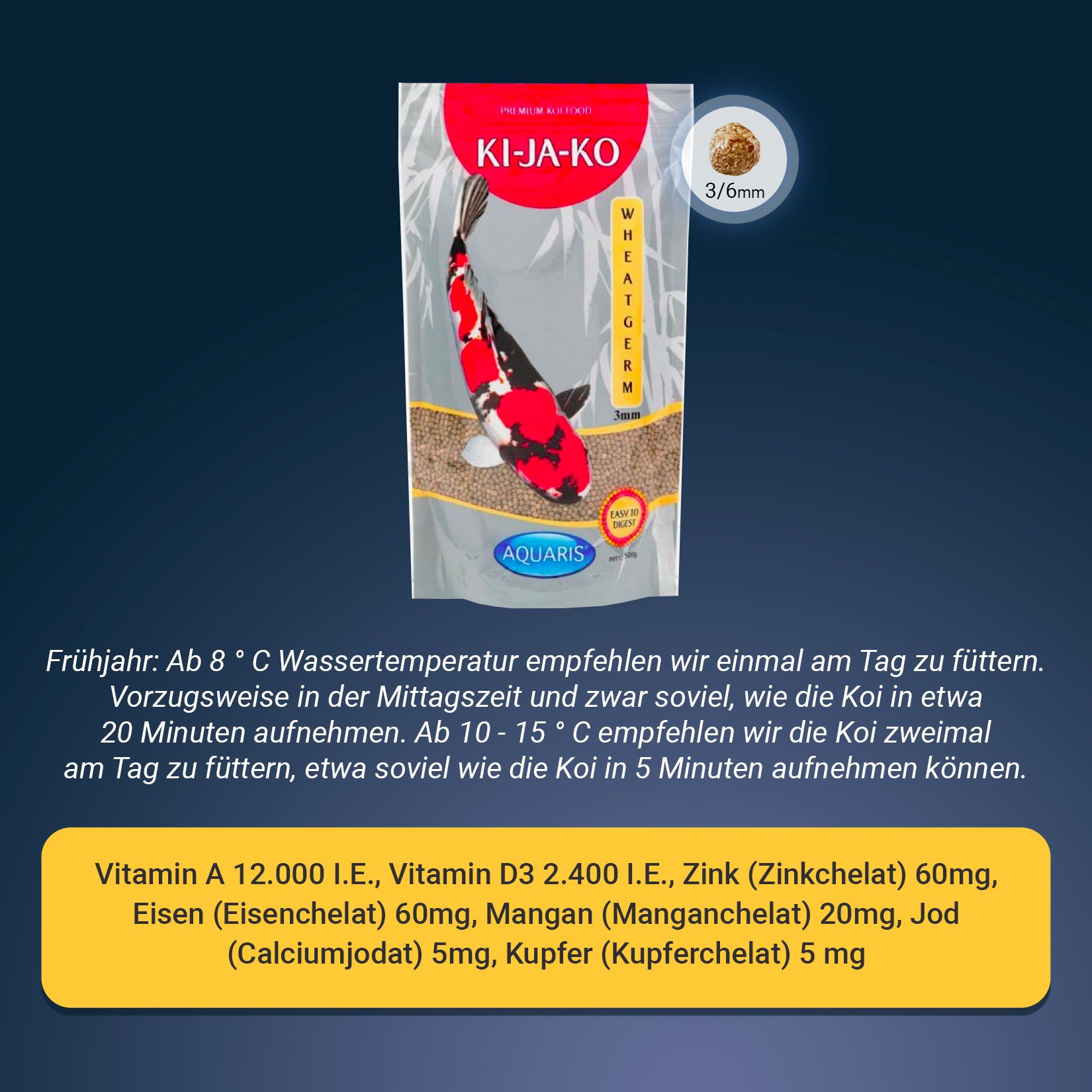 Verpackung Koifischfutter. Aufschrift: KI-JA-KO, Wheatgerm, 3/6mm, AQUARIS. Text mit Nährwertangaben.