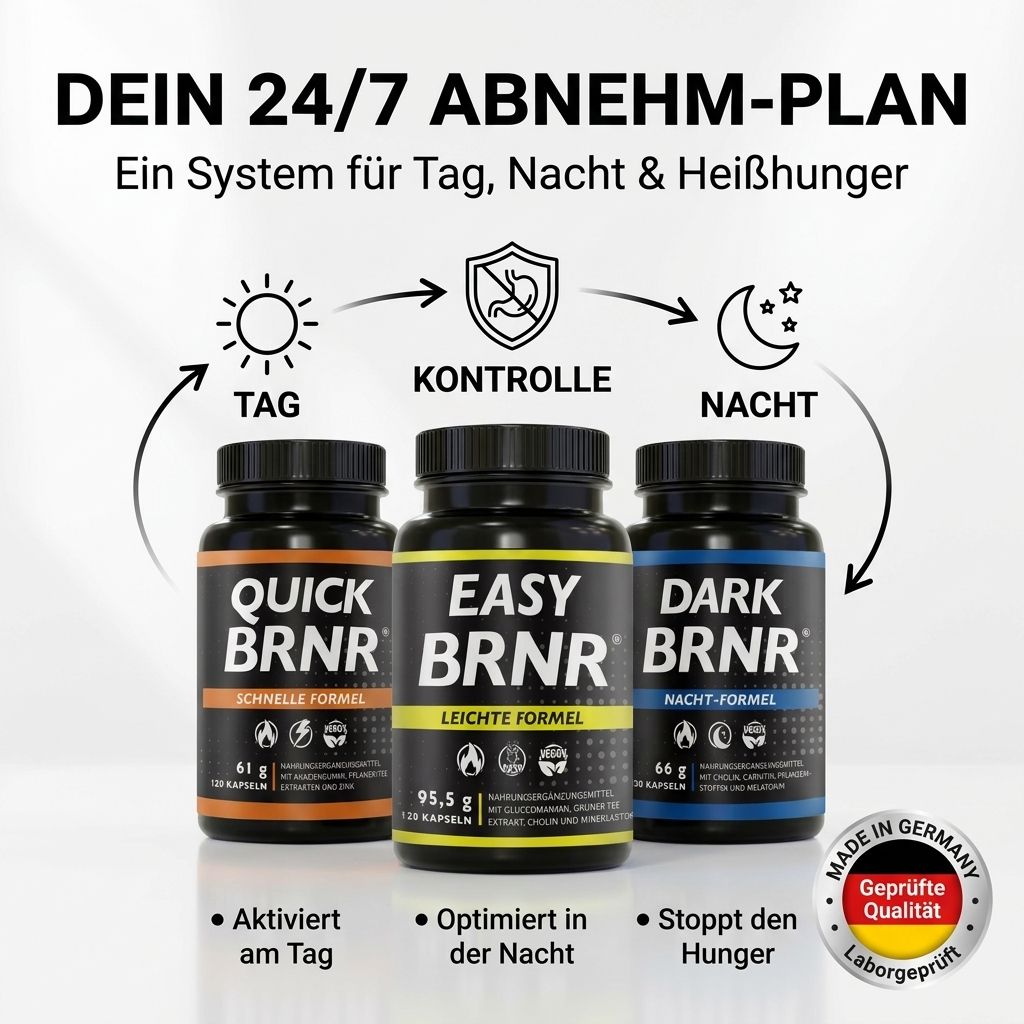 Drei BRNR-Flaschen (Quick, Easy, Dark) in einem 24/7 Abnehm-Plan-Diagramm.