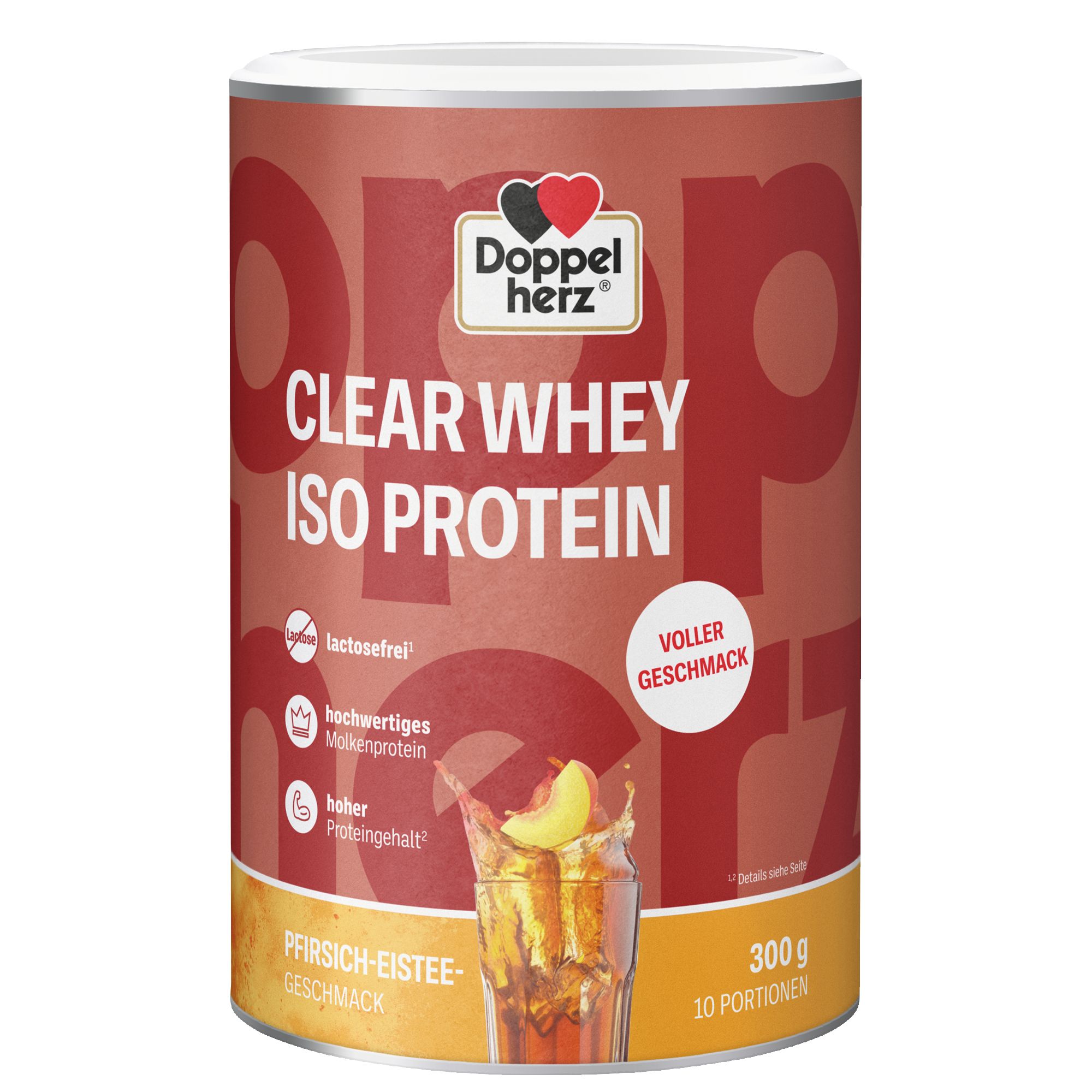 Dose Doppelherz CLEAR WHEY ISO PROTEIN mit Pfirsich-Eistee Geschmack. Roter Hintergrund mit Produktnamen und Logo. 300g, 10 Portionen.