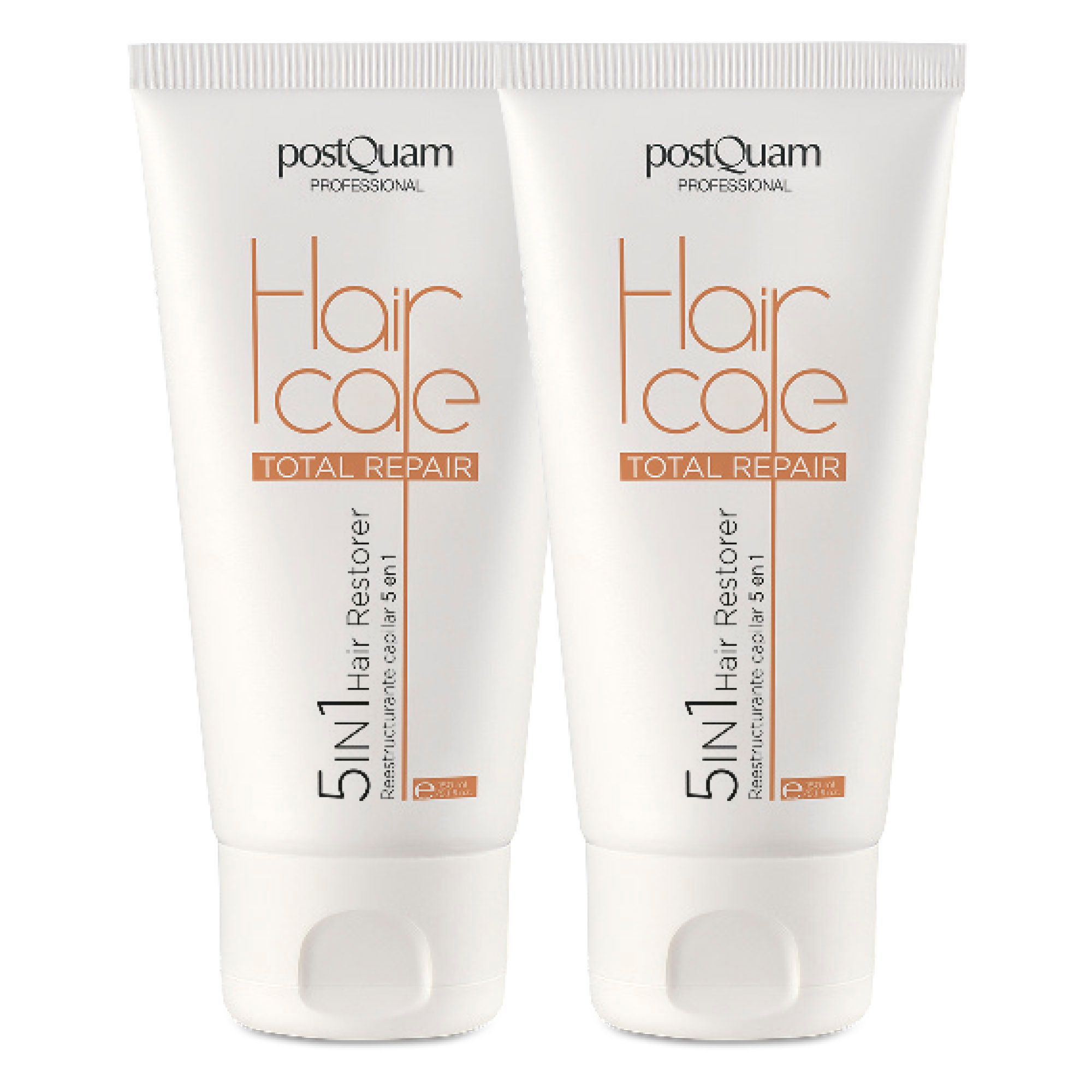 Zwei weiße Tuben mit goldfarbenem Aufdruck. Text: Hair Care Total Repair, 5 in 1 Hair Restorer. Marke: Postquam.