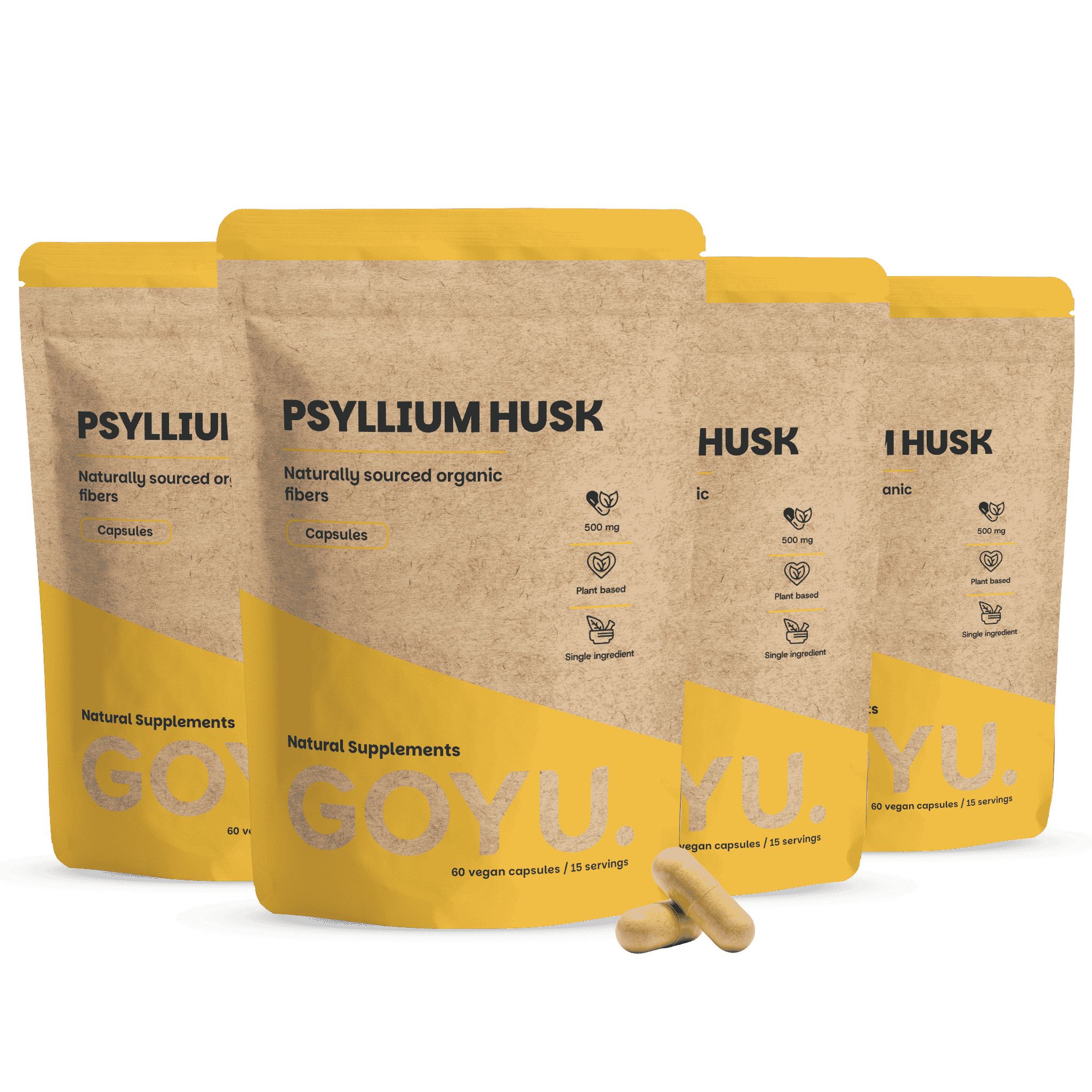 Vier Packungen Psyllium Husk Kapseln, natürlich sourced.
