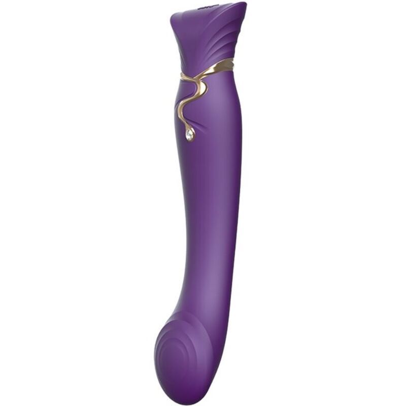 Lila Vibrator mit geschwungenem Design, goldfarbenen Akzenten und einem Kristall. Runde Basis.