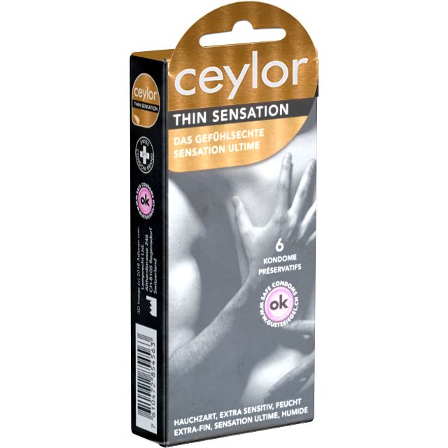 Verpackung von Ceylor Thin Sensation Kondomen. Enthält 6 Kondome. Aufschrift: Hauchzart, extra sensitiv, feucht.