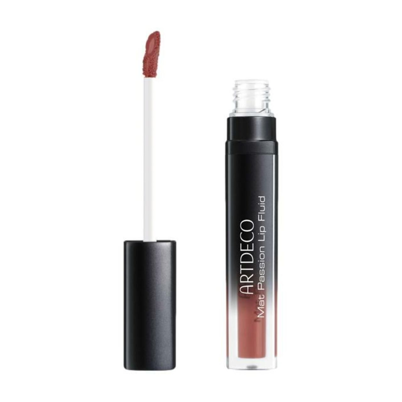 Artdeco Mat Passion Lip Fluid. Geöffnet, Applikator sichtbar. Schwarzer Deckel, transparente Hülse mit Inhalt.