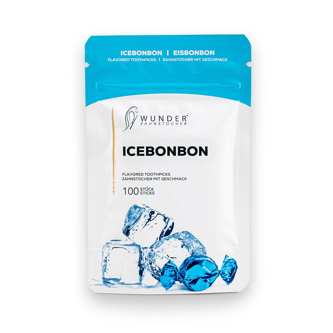 Beutel Wunder Eisbonbon mit 100 Zahnstochern. Auf weißem Hintergrund.