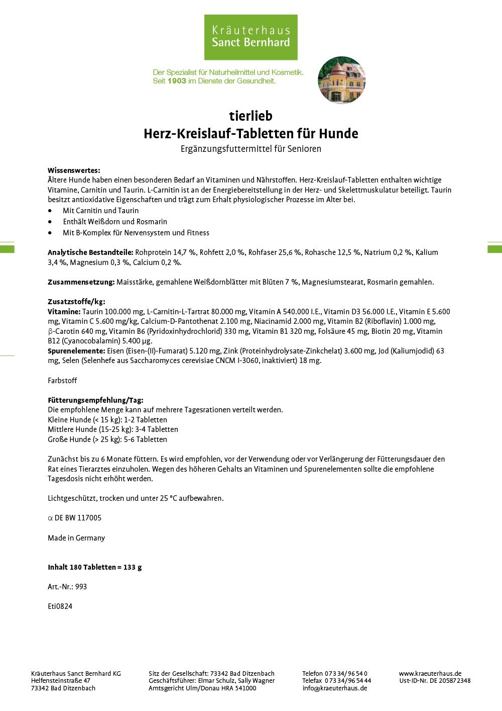 Produktinformationen für Herz-Kreislauf-Tabletten für Hunde, mit Inhaltsstoffen und Dosierung.