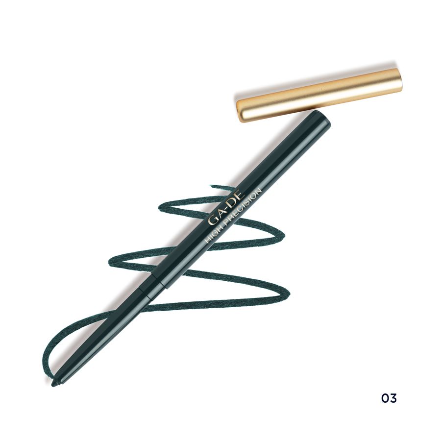 Schwarzer Eyeliner mit goldener Kappe und Strich. Aufschrift: GA-DE HIGH PRECISION.