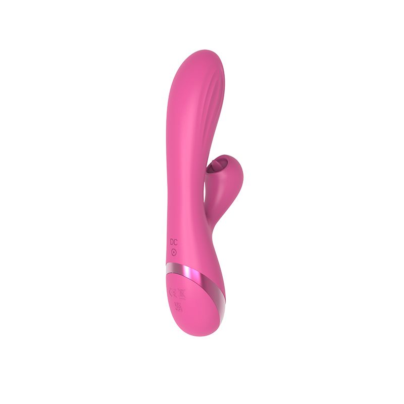 Rosa Vibrator mit G-Punkt- und Kaninchen-Design. Mit abgerundeter Spitze und einem kleineren, gebogenen Teil.