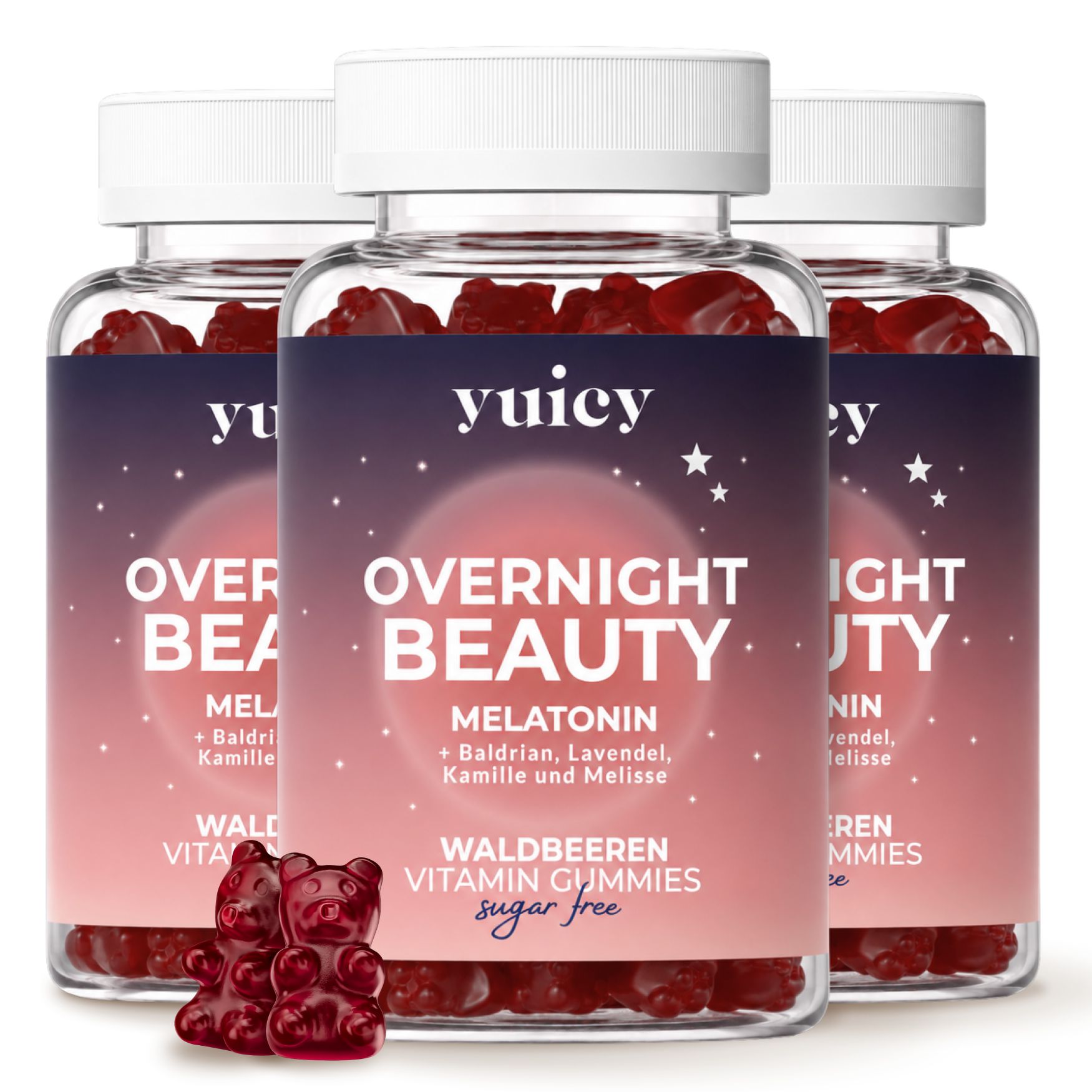 Drei Flaschen yuicy® Overnight Beauty Gummies. Gummibärchen liegen davor. Produktetikett mit Text.