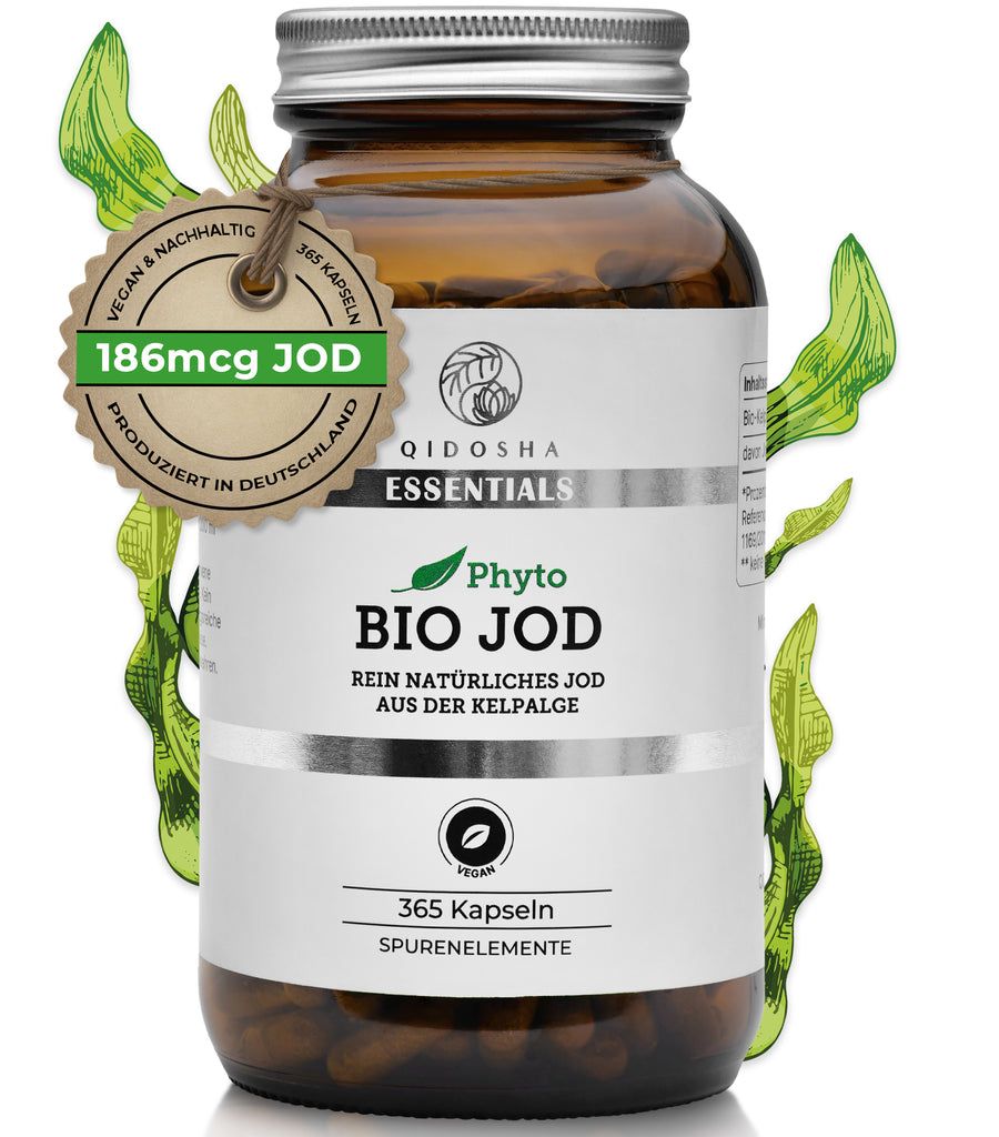Braune Glasflasche mit silbernem Deckel. Etikett mit "QIDOSHA Essentials Phyto BIO JOD". Enthält 365 Kapseln. Mit Siegel "186mcg JOD".