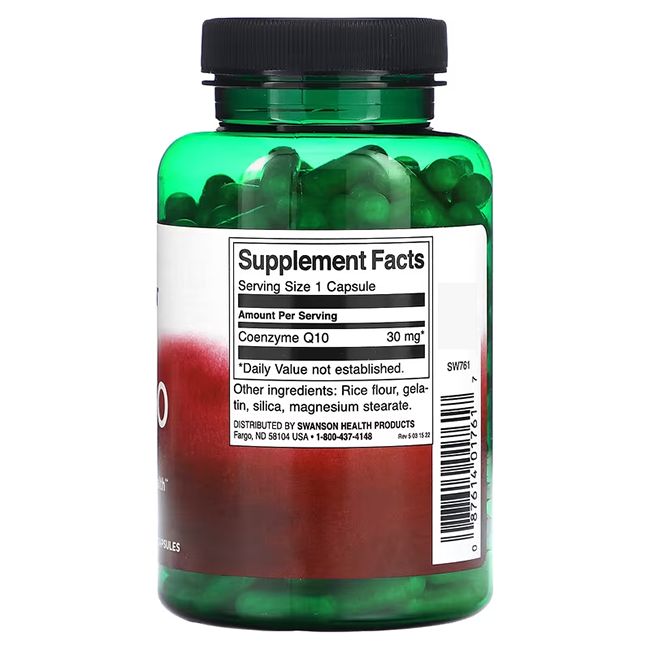 Rückseite einer grünen Flasche. Etikett mit Nährwertangaben. Enthält Coenzym Q10, 30 mg. Zutaten: Reismehl, Gelatine, Kieselsäure, Magnesiumstearat.
