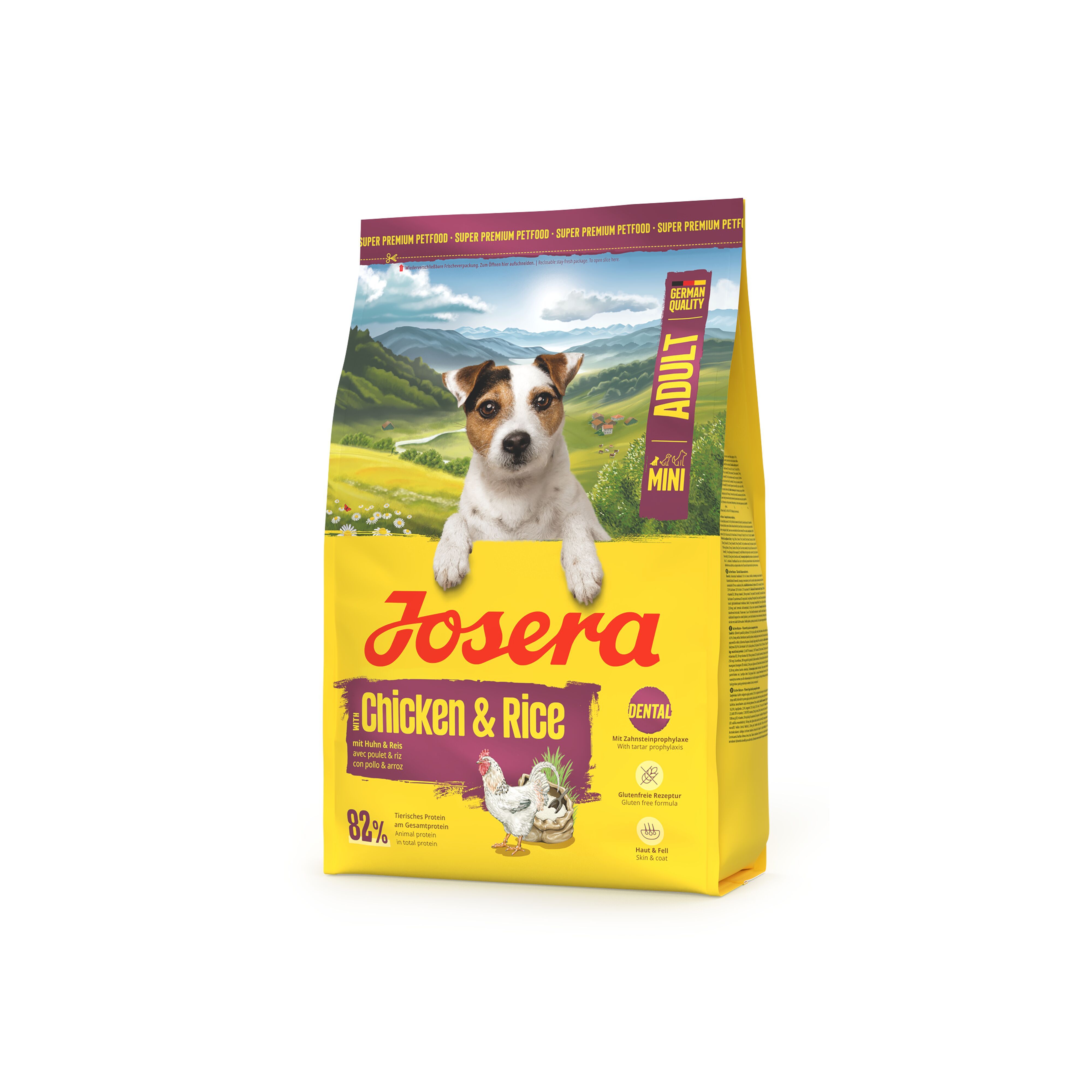 Gelbe Tüte mit "JOSERA Chicken & Rice" und Welpen-Illustration. Text: "Mini Adult".