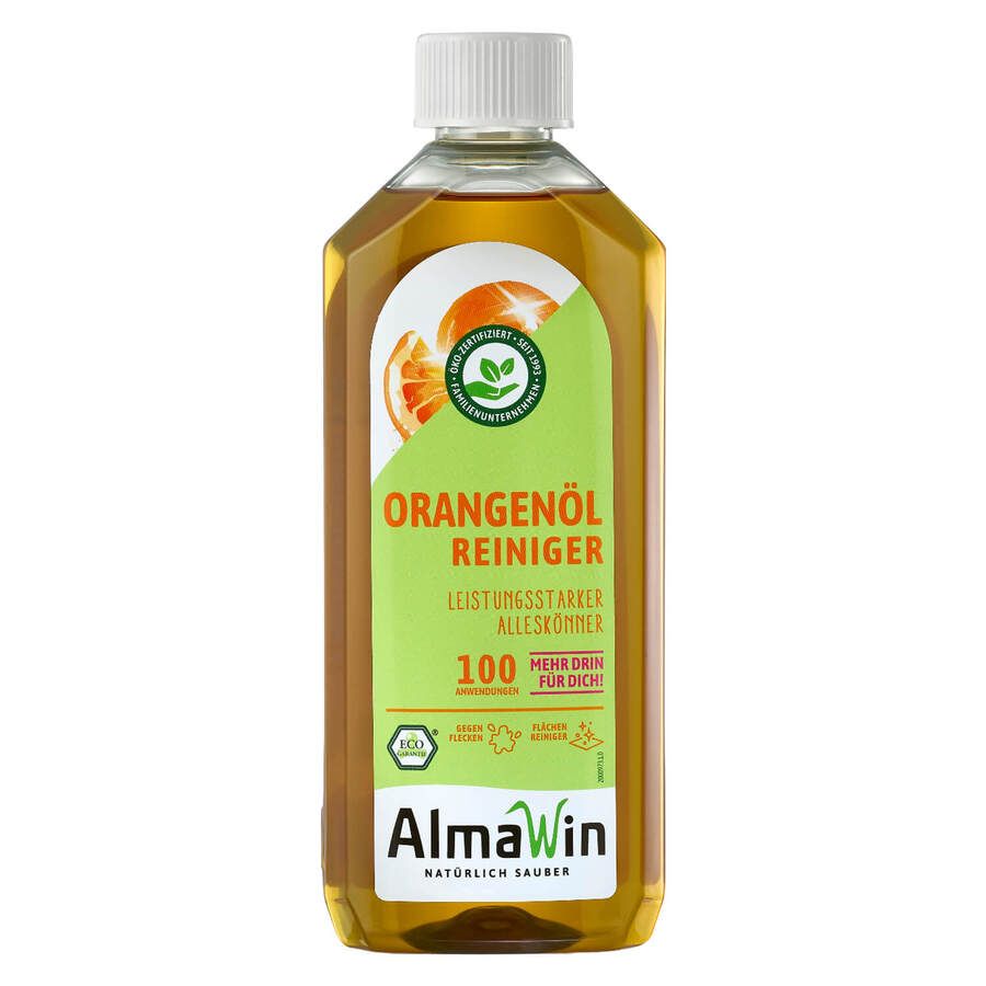 Flüssigreiniger in einer transparenten Flasche mit weißem Deckel. Grün-oranges Etikett mit Produktname und Logo.