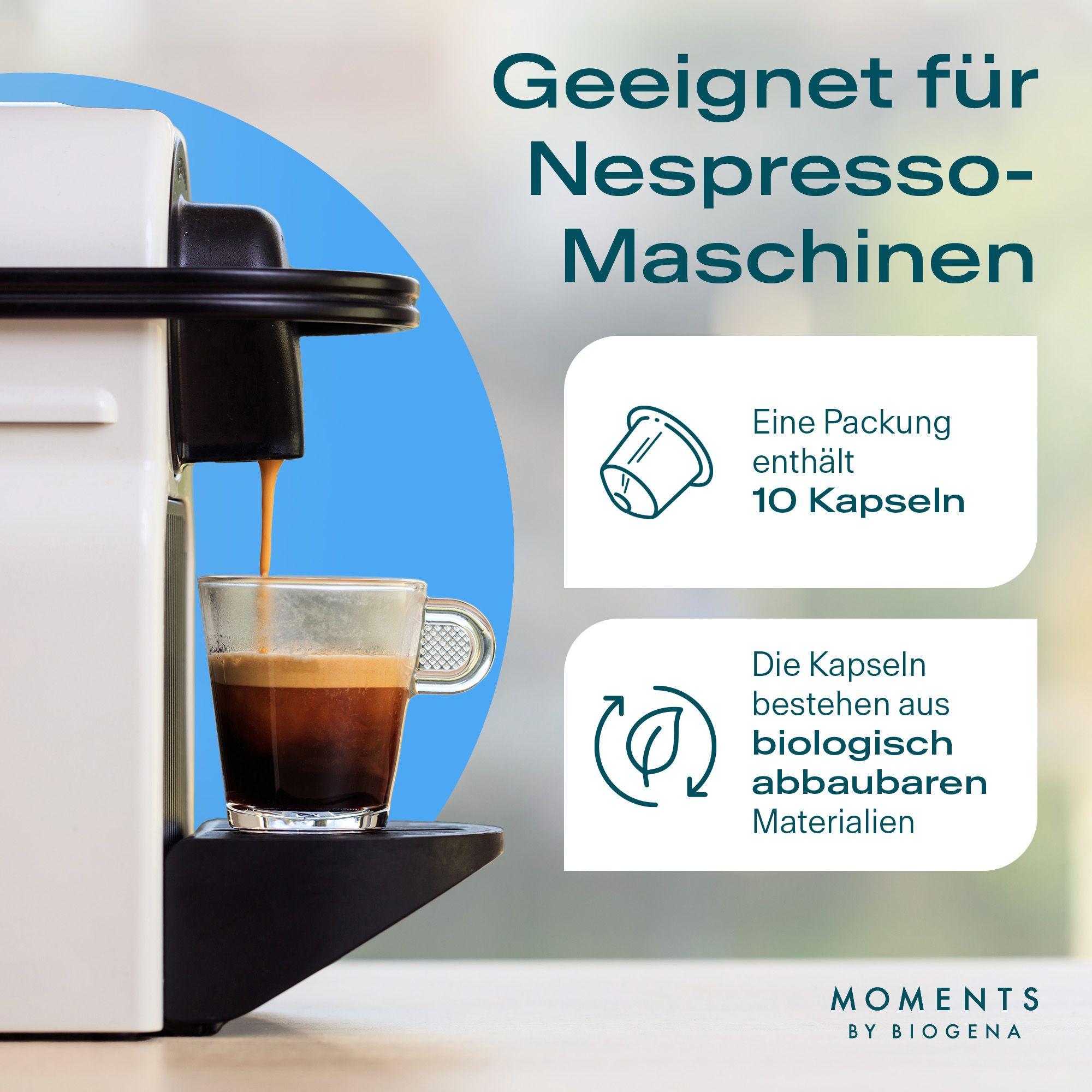 Kaffeemaschine mit Kaffee, der in ein Glas fließt. Text: "Geeignet für Nespresso-Maschinen".