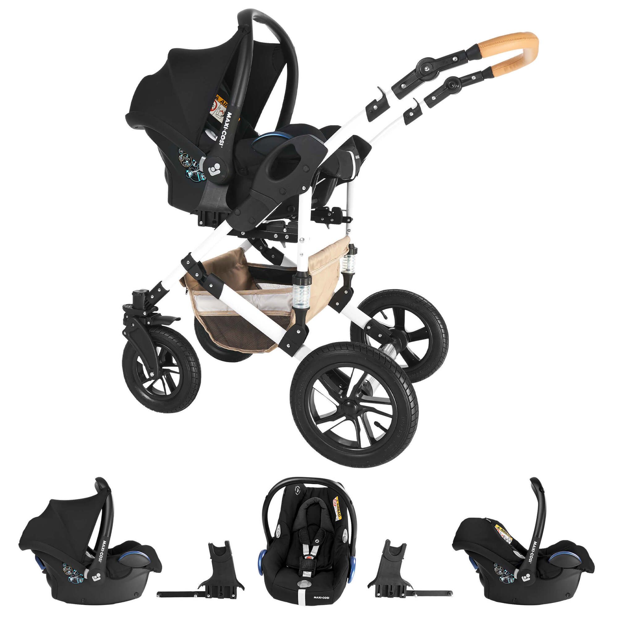 Kinderwagen mit Maxi Cosi, schwarz und weiß. Enthält Babywanne, Sportsitz und Zubehör. Schwarze Räder.