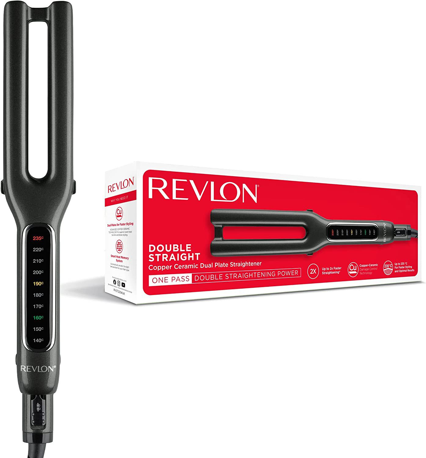 Schwarzes Glätteisen mit Temperaturanzeige und Verpackung. Auf der Verpackung steht REVON und DOUBLE STRAIGHT.