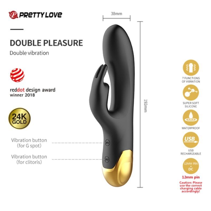 Schwarzes Sextoy mit goldenen Akzenten. 192mm hoch, 38mm breit. 24K Gold. Reddot Design Award. Pretty Love Logo.