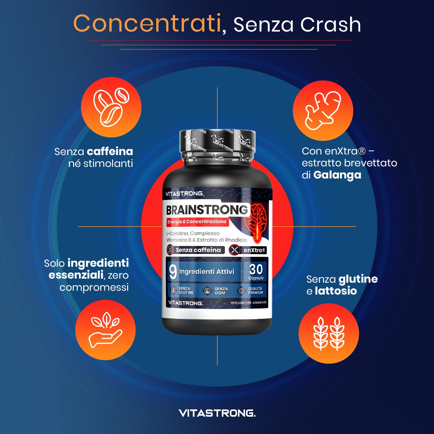 Vitastrong Brainstrong - 30 Kapseln, Fokus und Energie ohne Koffein