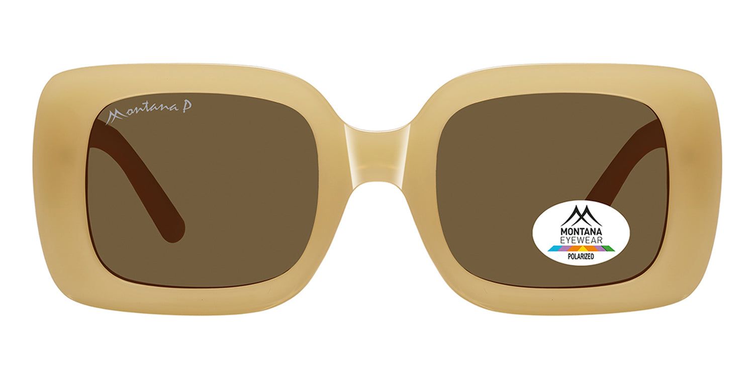 Beige Sonnenbrille mit braunen Gläsern. Quadratische Form, Montana Eyewear Logo auf dem Bügel und Glas. Polarisiert.