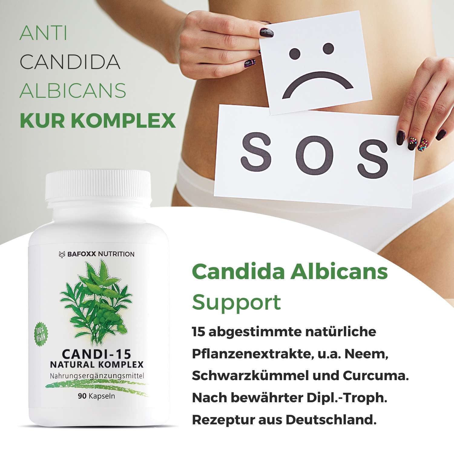 BAFOXX Nutrition CANDI-15, 90 Kapseln. Aufschrift: Anti Candida Albicans Kur Komplex. Frau hält SOS-Schild. Unterstützt bei Candida Albicans.