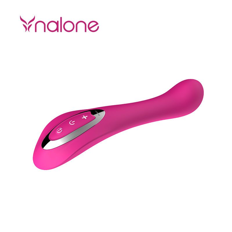 Pinkfarbener Vibrator mit geschwungener Form. Silberne Bedienelemente mit Plus- und Minuszeichen. Marke Nalone.