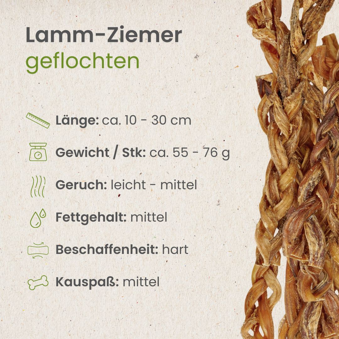 Geflochtene Kauartikel aus Lammfleisch, mit Textinformationen zu Länge, Gewicht und Eigenschaften.