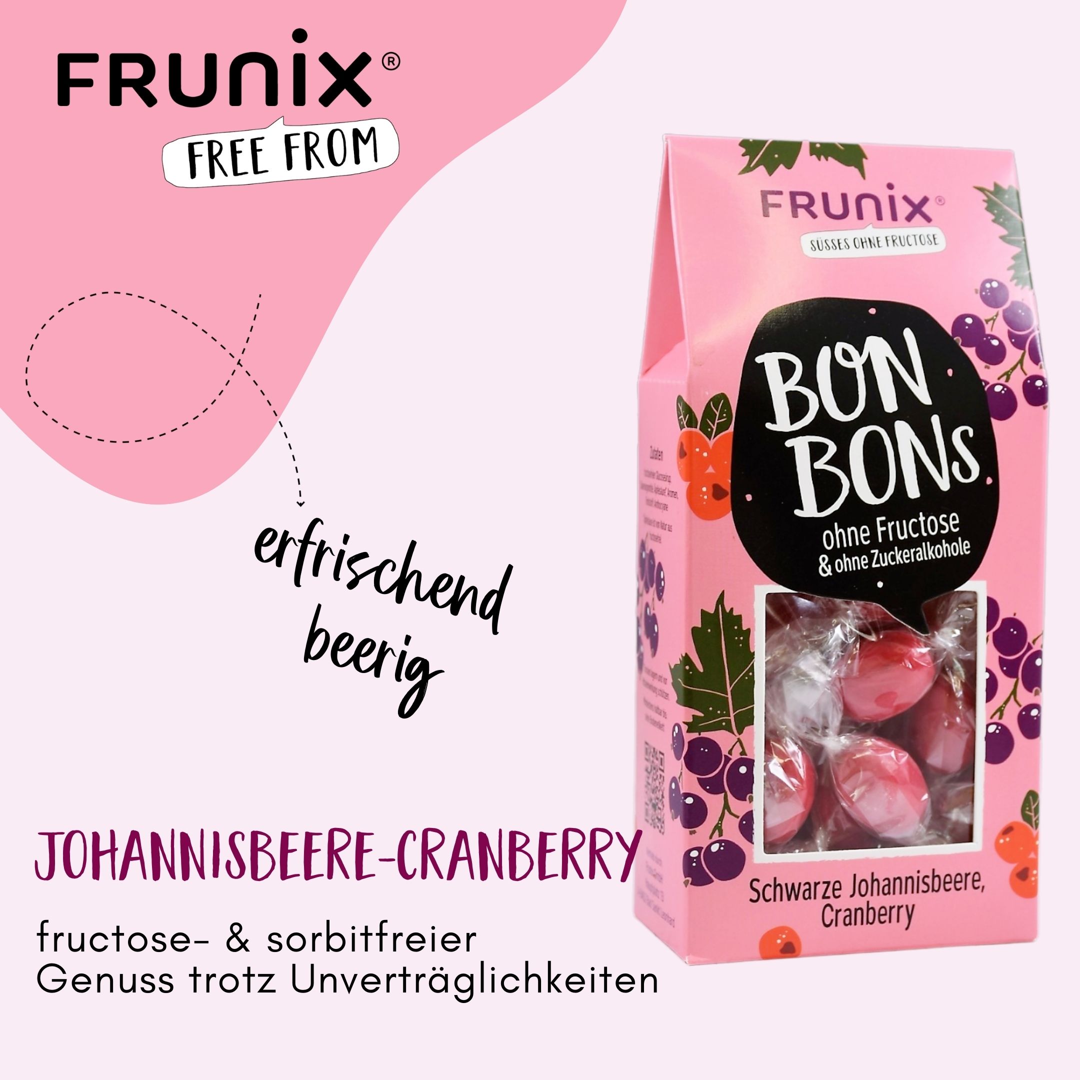 Rosa Verpackung mit Bonbons. Aufschrift: FRUNIX, BON BONS, ohne Fructose & ohne Zuckeralkohole. Geschmack: Johannisbeere-Cranberry. Text: erfrischend beerig.
