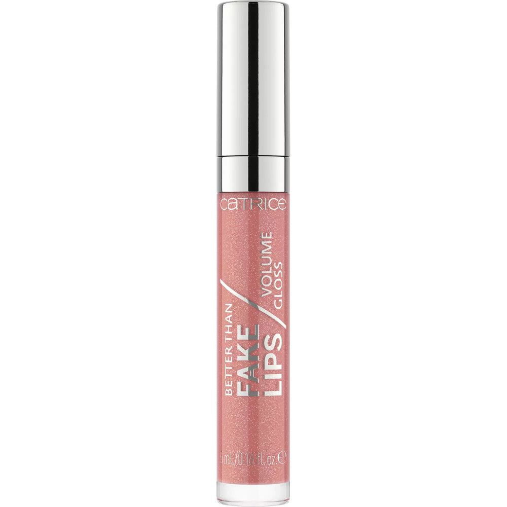 Lipgloss mit silbernem Deckel. Aufschrift: Catrice, Better Than Fake Lips, Volume Gloss. Rosa schimmernde Textur.