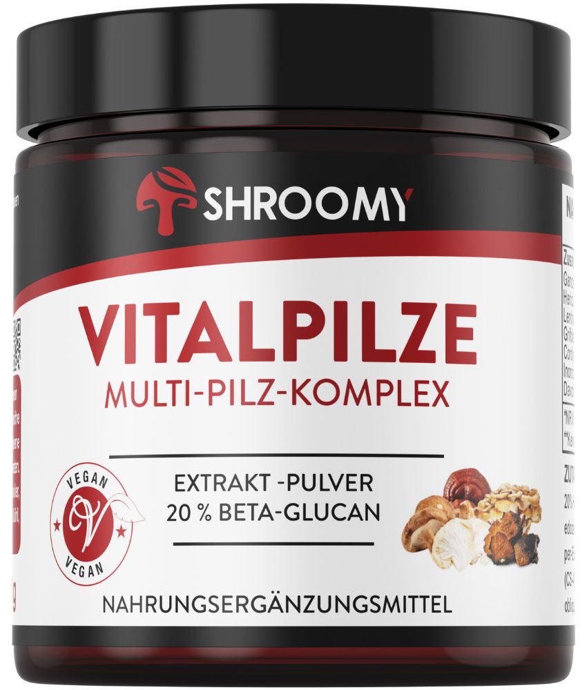 Dose SHROOMY Vitalpilze Multi-Pilz-Komplex Extrakt-Pulver. Vegan-Siegel. Text: 20% Beta-Glucan. Nahrungsergänzungsmittel.