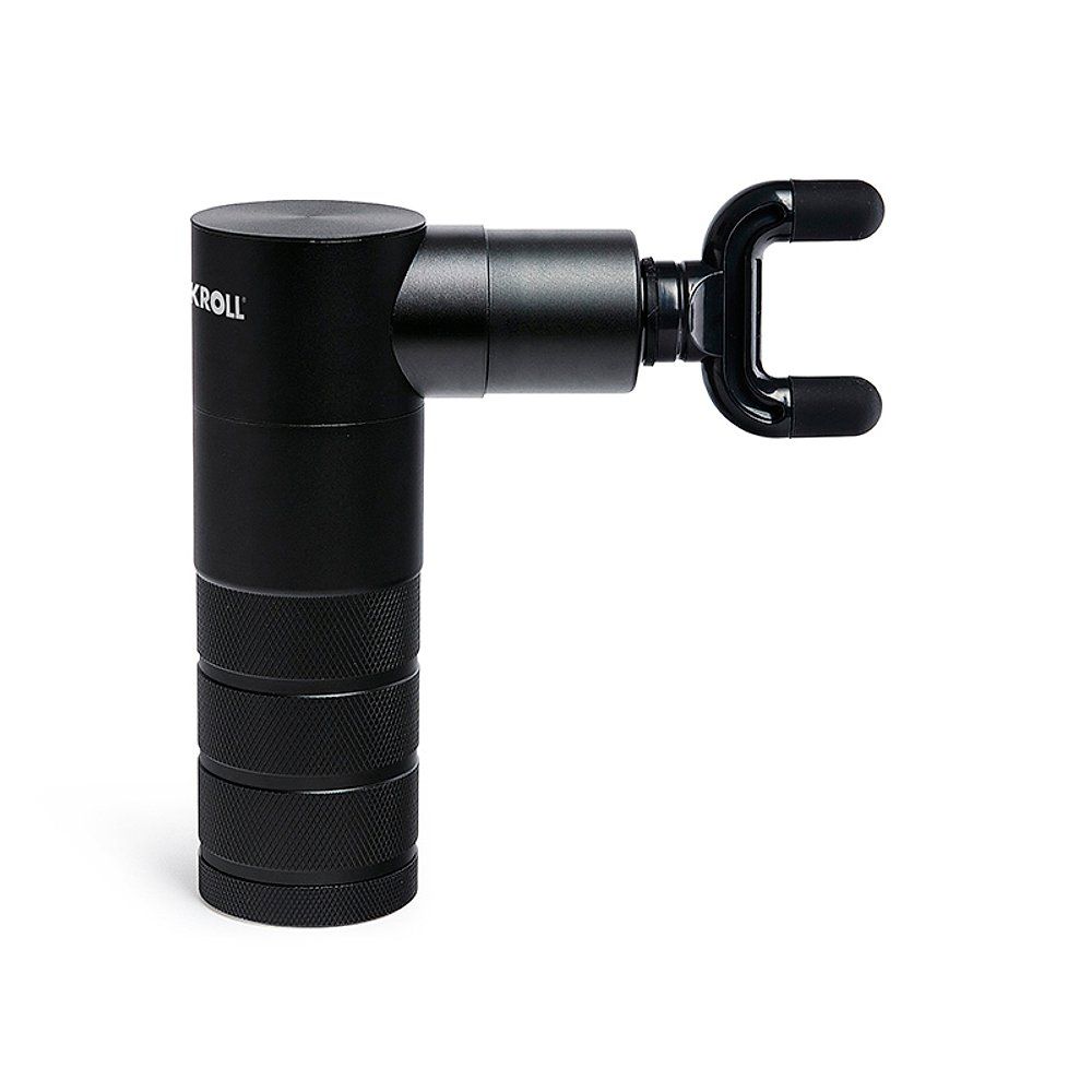 Schwarzes Blackroll Massagegerät mit Gabel-Aufsatz.