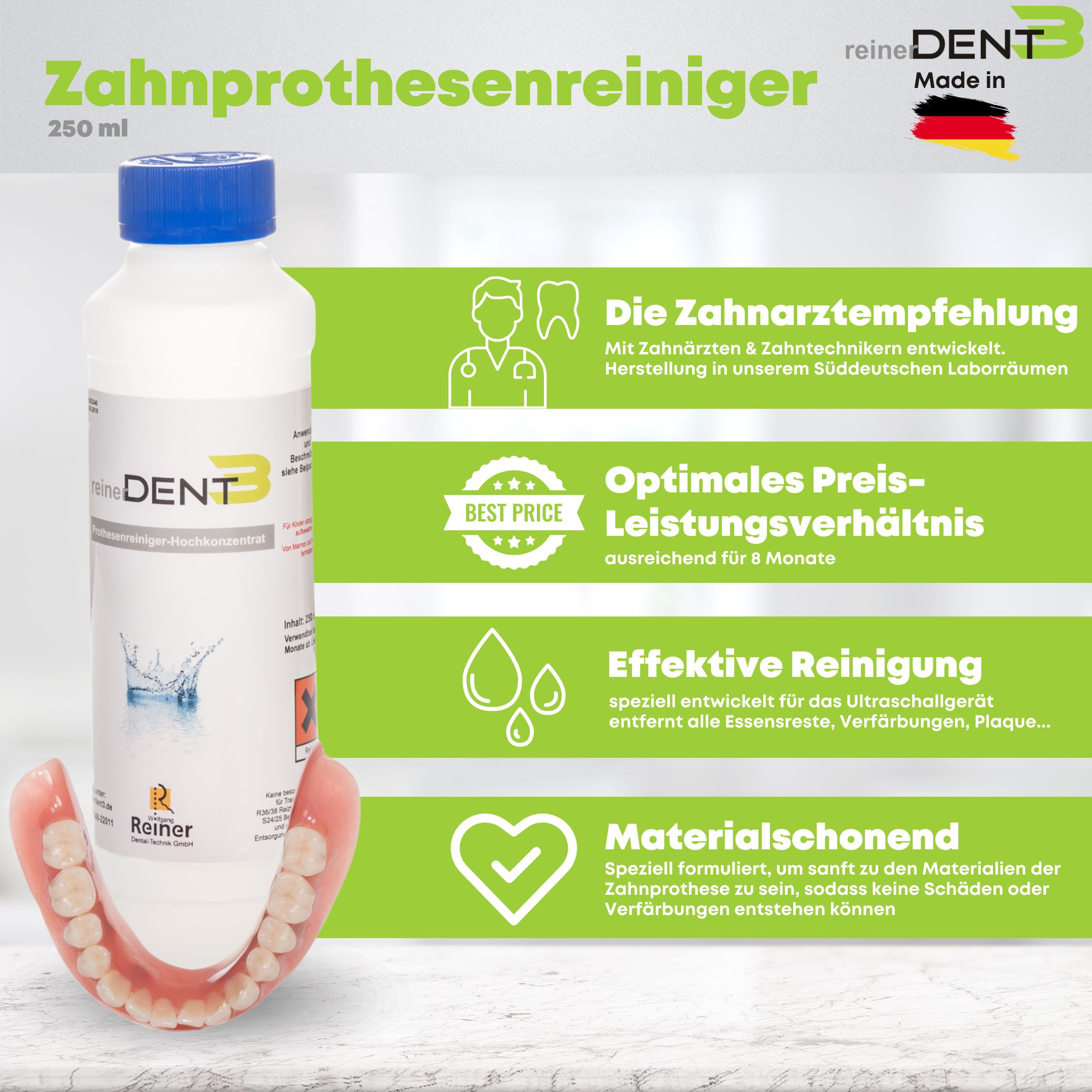 Flasche reinerDENT3 Prothesenreiniger XL, blaue Kappe, daneben eine Zahnprothese. Text: Zahprothesenreiniger, 250 ml.