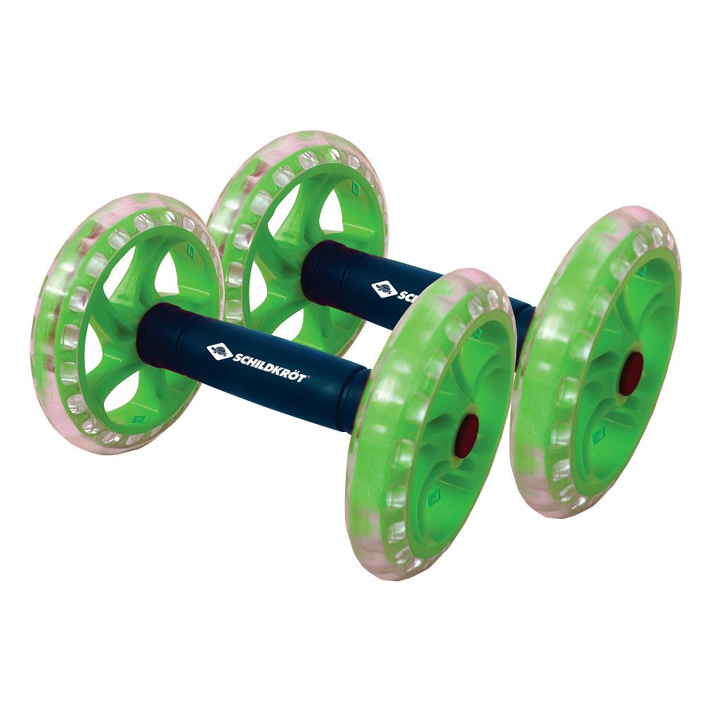 Zwei Fitnessräder mit grünen Rollen und schwarzen Griffen. Logo Schildkröt auf den Griffen.