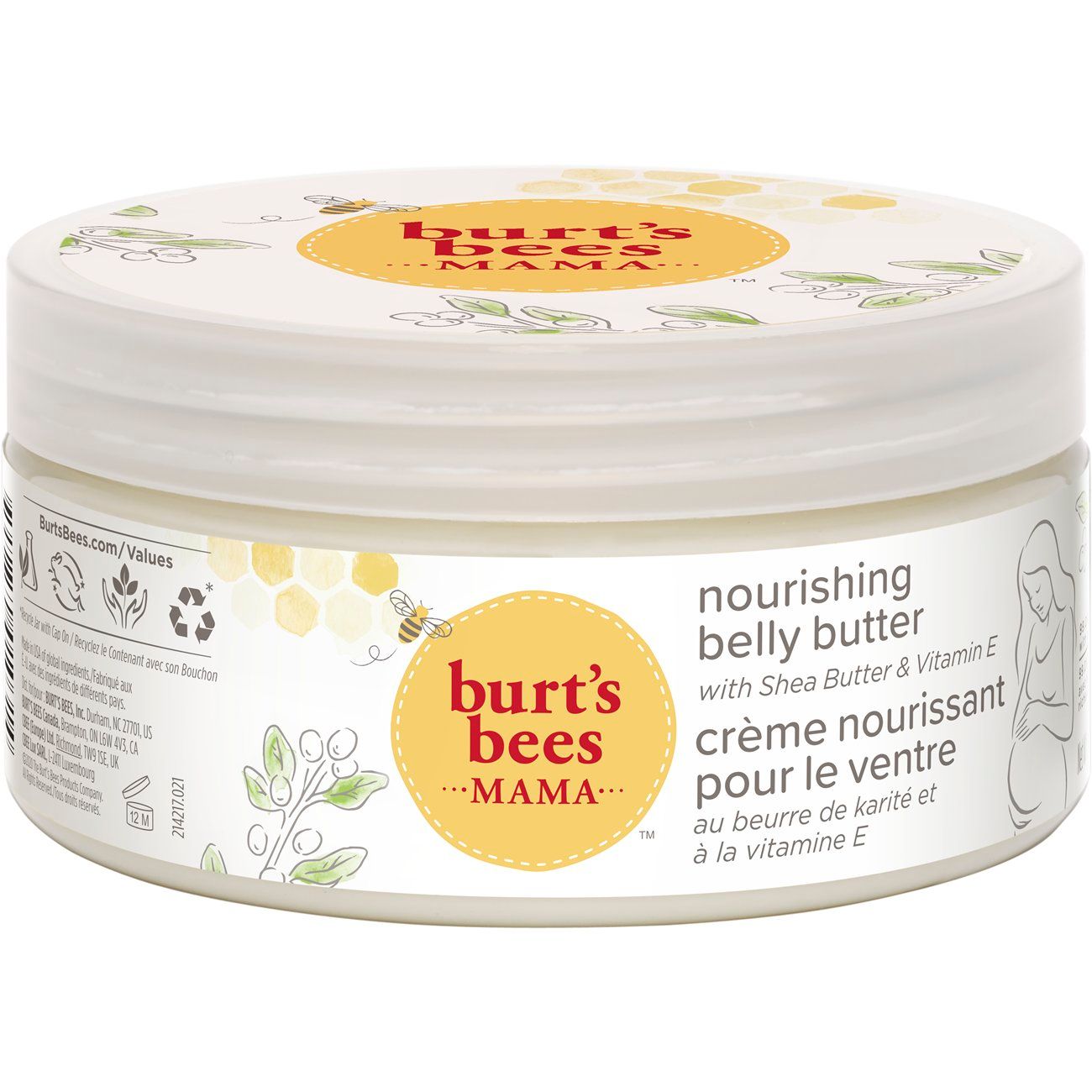 Weißes Tiegel mit gelbem Deckel. Aufschrift: burt's bees MAMA. Produktbezeichnung: nourishing belly butter. Mit Sheabutter & Vitamin E.