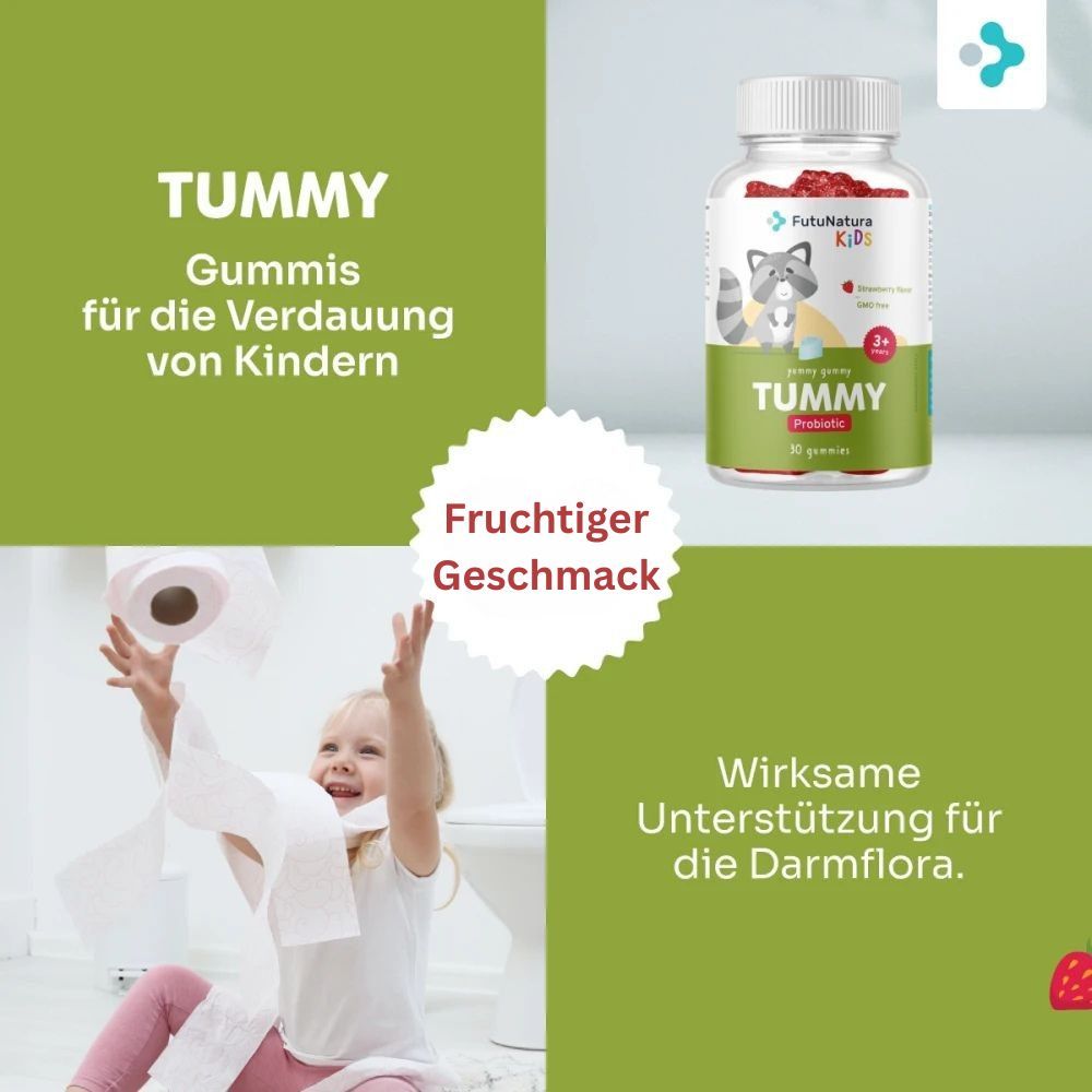 Produktflasche FutuNatura Tummy Kindergummies. Kind wirft Toilettenpapier. Text: Fruchtiger Geschmack, Wirksame Unterstützung.