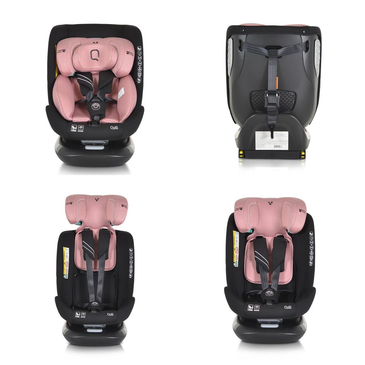 Vier Ansichten eines rosa Kindersitzes: Front, Rückseite, Seitenansicht, Sitz.