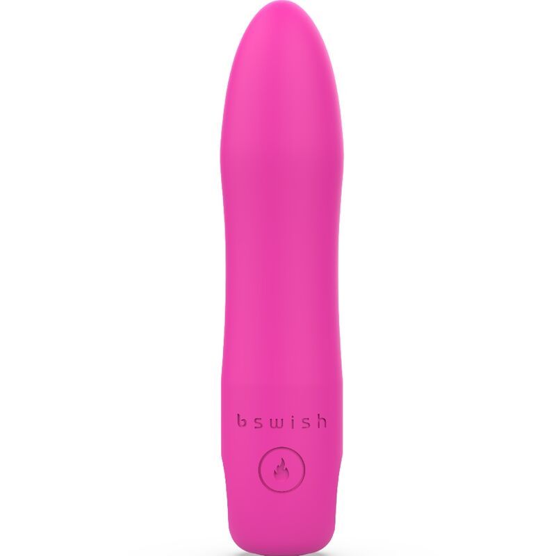Pinkfarbener Vibrator mit abgerundeter Spitze. Auf der Oberfläche ist das Logo von b swish und ein Symbol abgebildet.